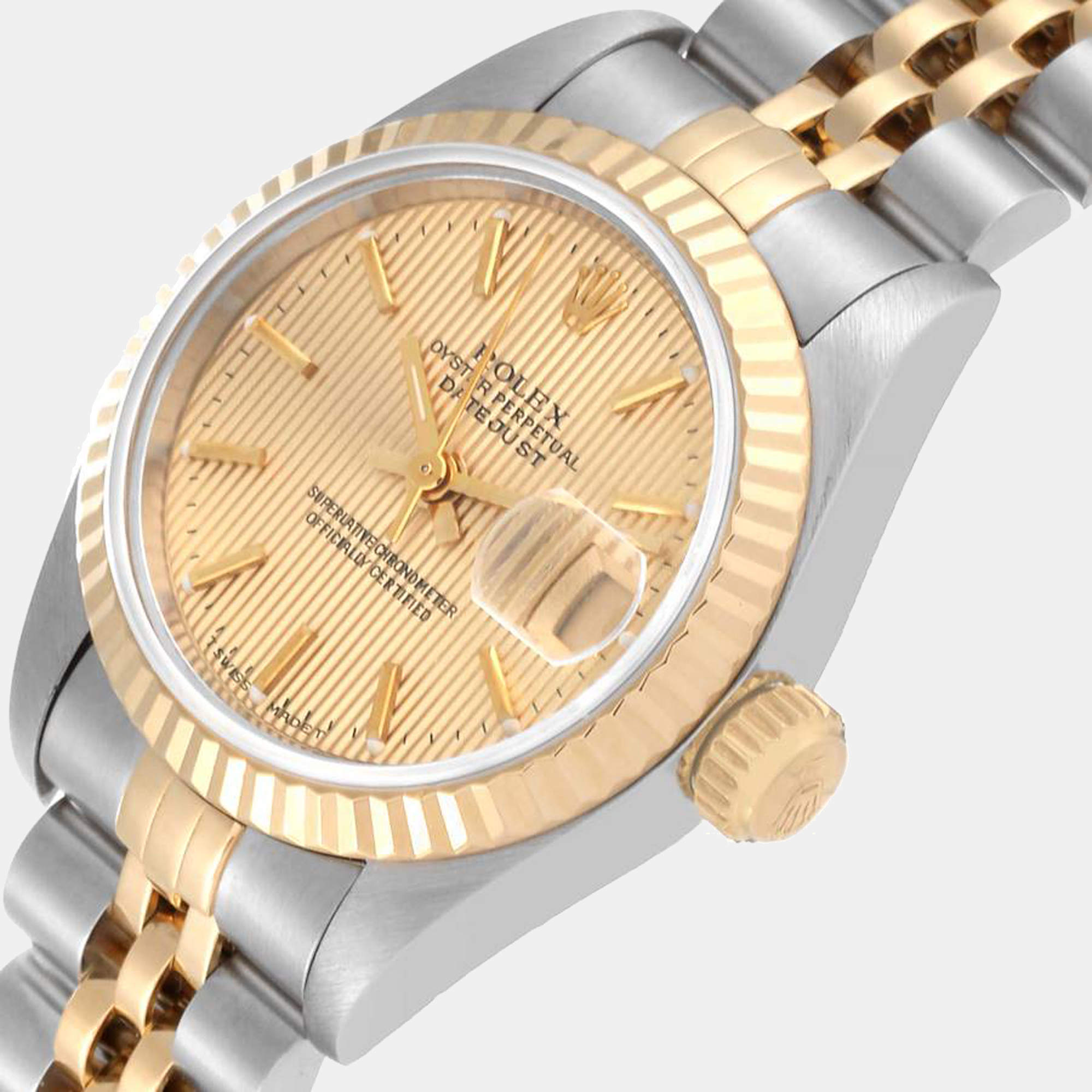 

Rolex Datejust Steel Yellow Gold Champagne Tapestry Dial Watch 69173