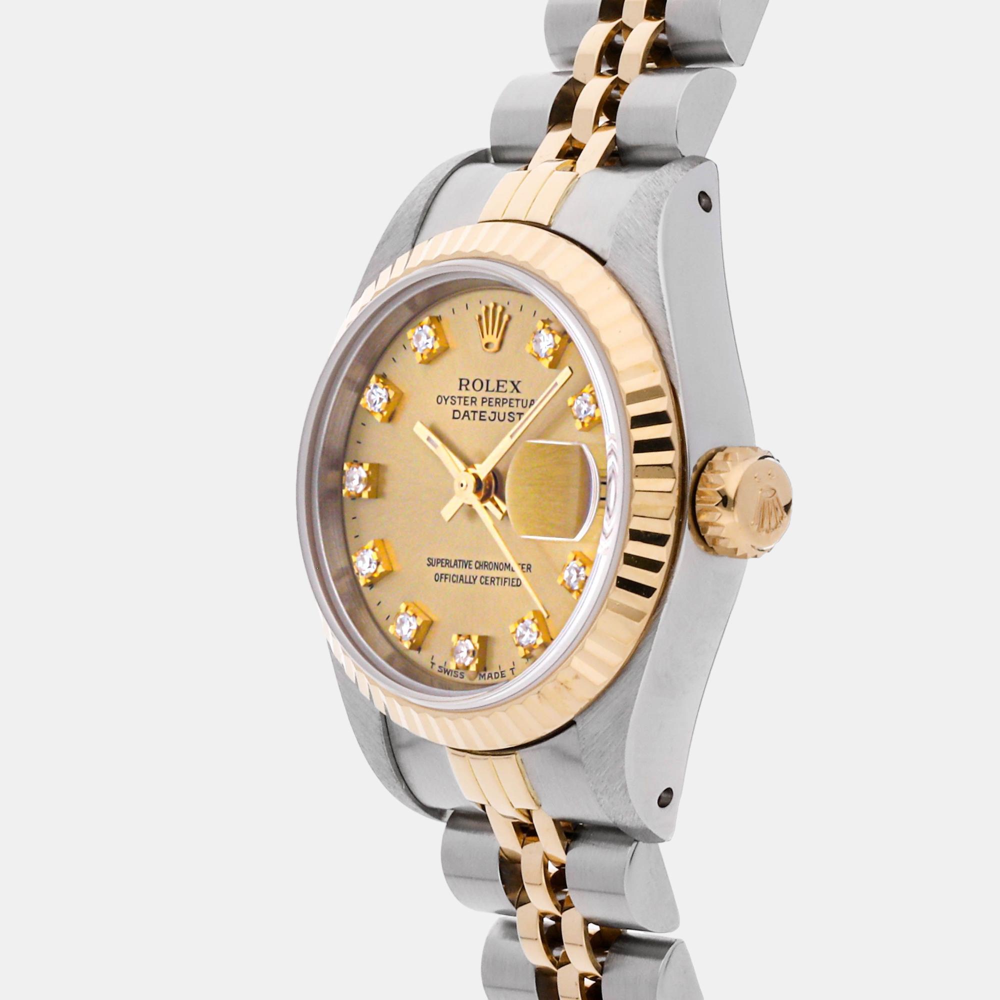 

Rolex Champagne Diamond 18k Yellow Gold And Stainless Steel Datejust 69173 Automatic Women's Wristwatch 26 mm