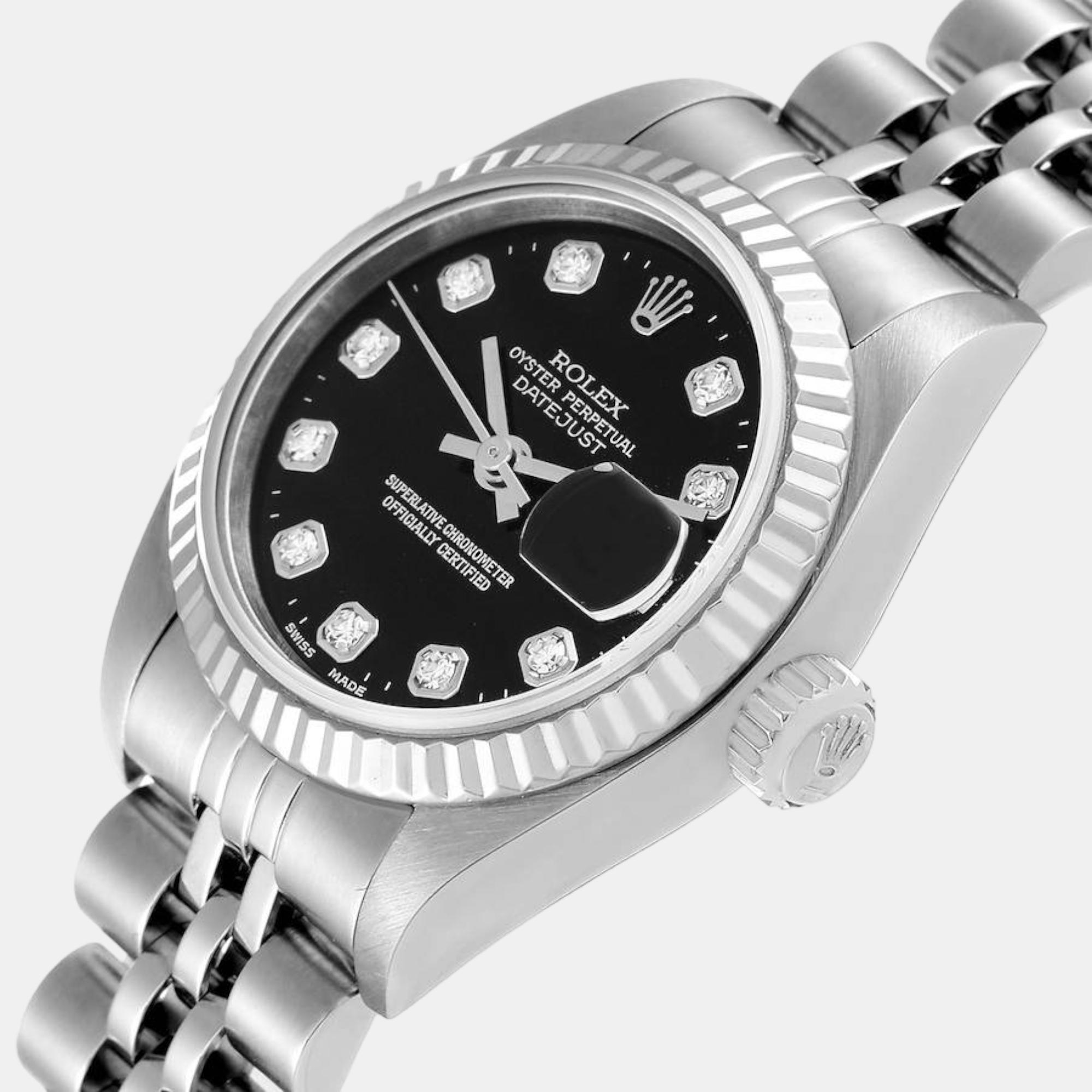 

Rolex Datejust White Gold Diamond Dial Steel Ladies Watch 79174, Black