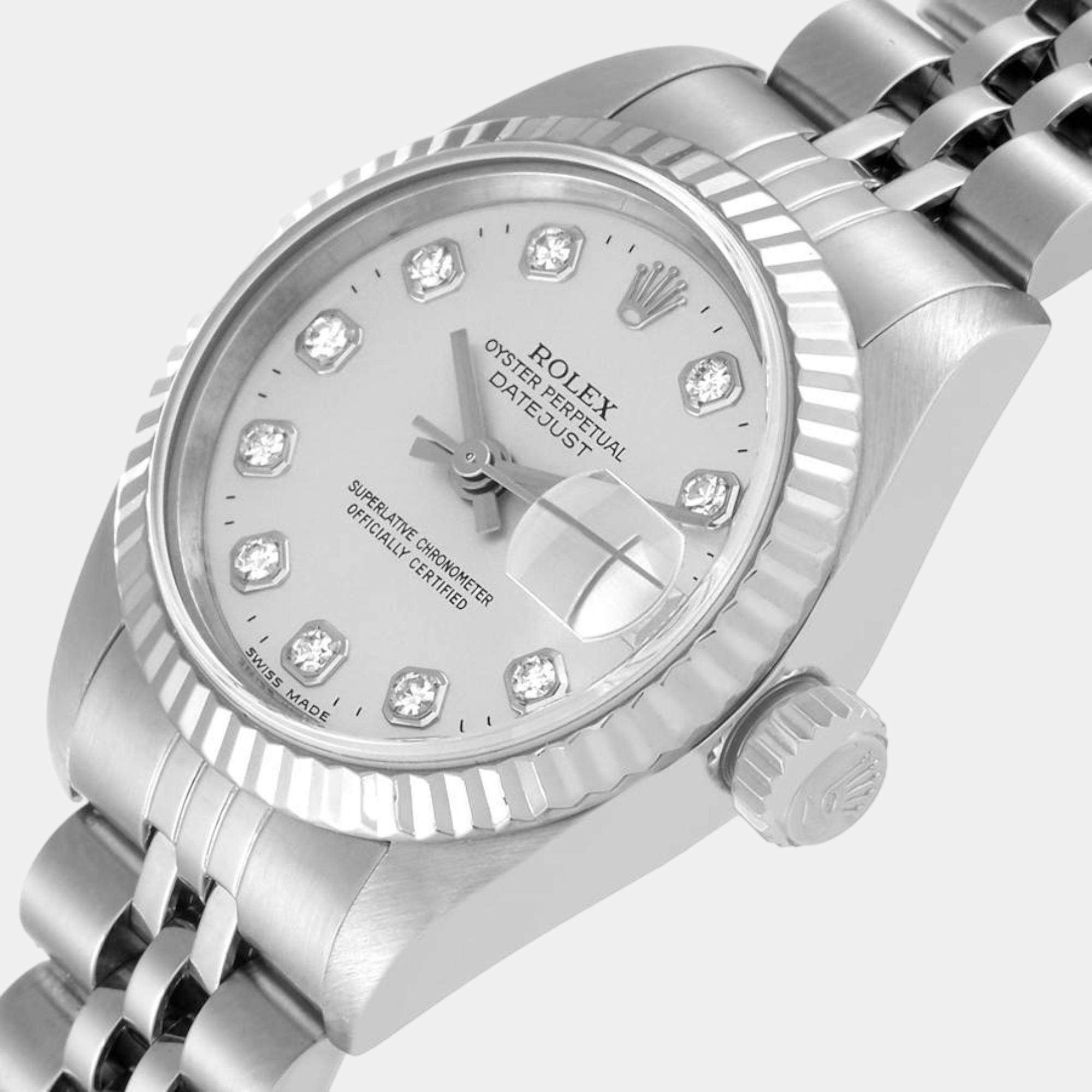 

Rolex Datejust Steel White Gold Silver Diamond Dial Ladies Watch 69174