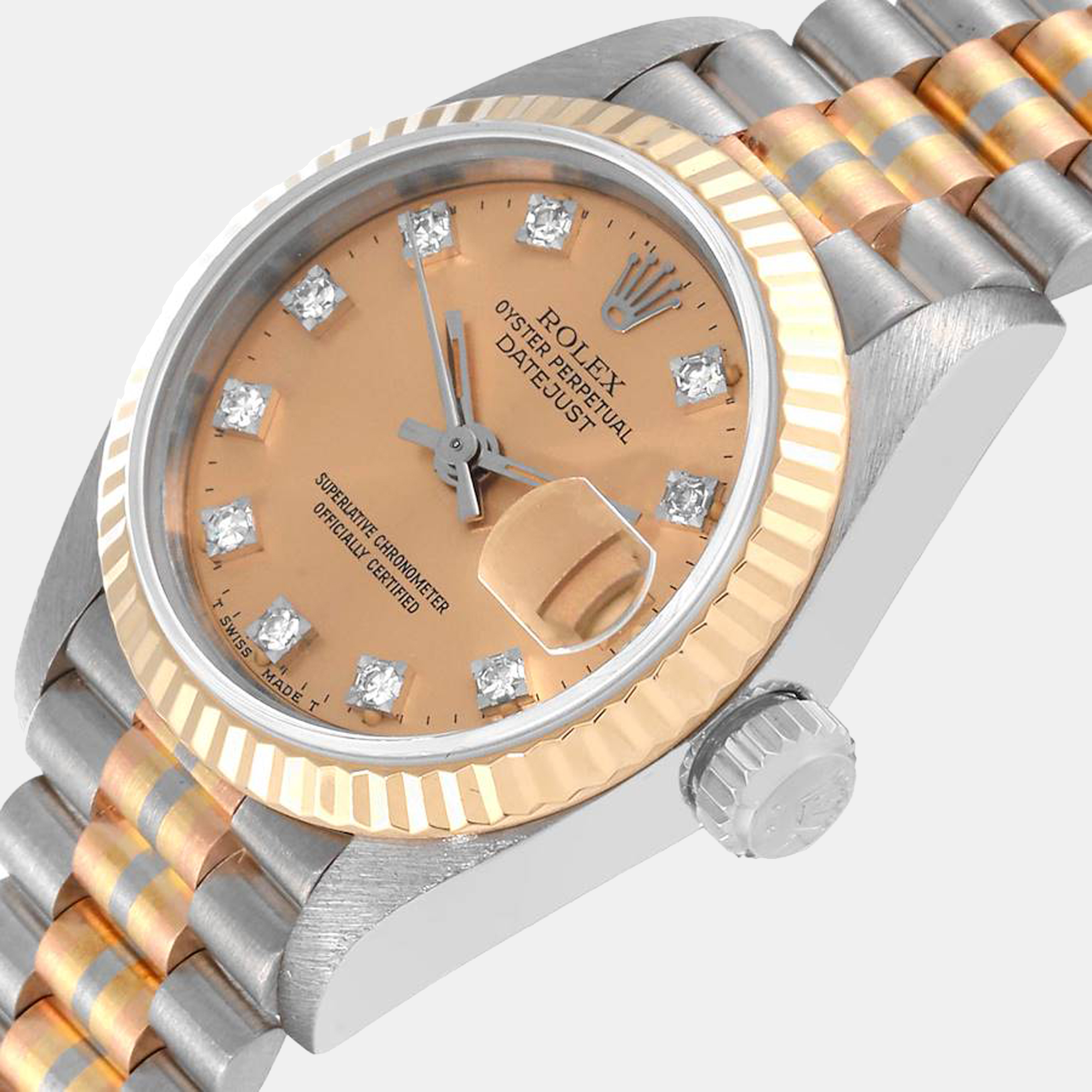 

Rolex President Tridor White Yellow Rose Gold Diamond Ladies Watch 69179 26 mm, Brown