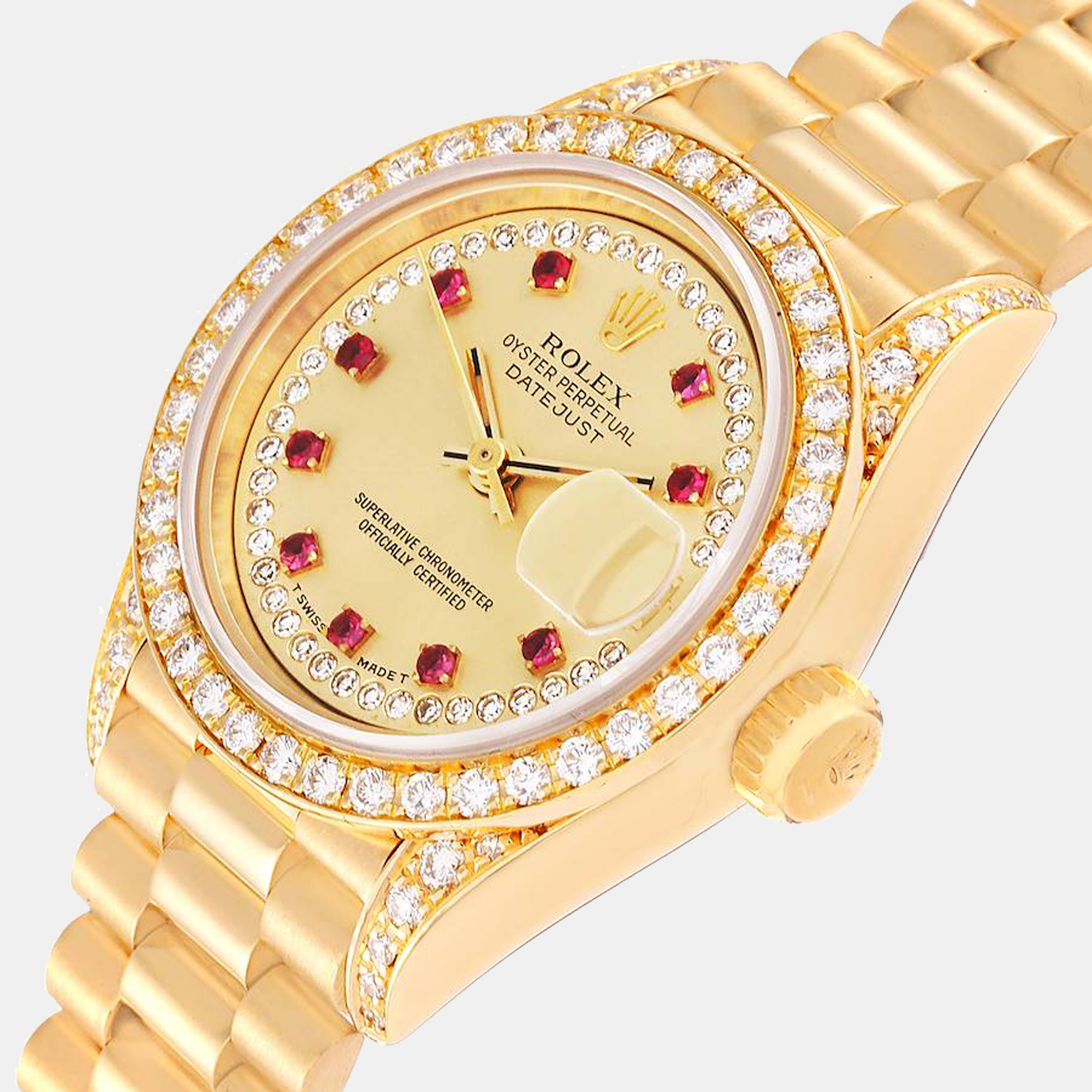 

Rolex President Yellow Gold String Diamond Ruby Dial Ladies Watch 69158 26 mm