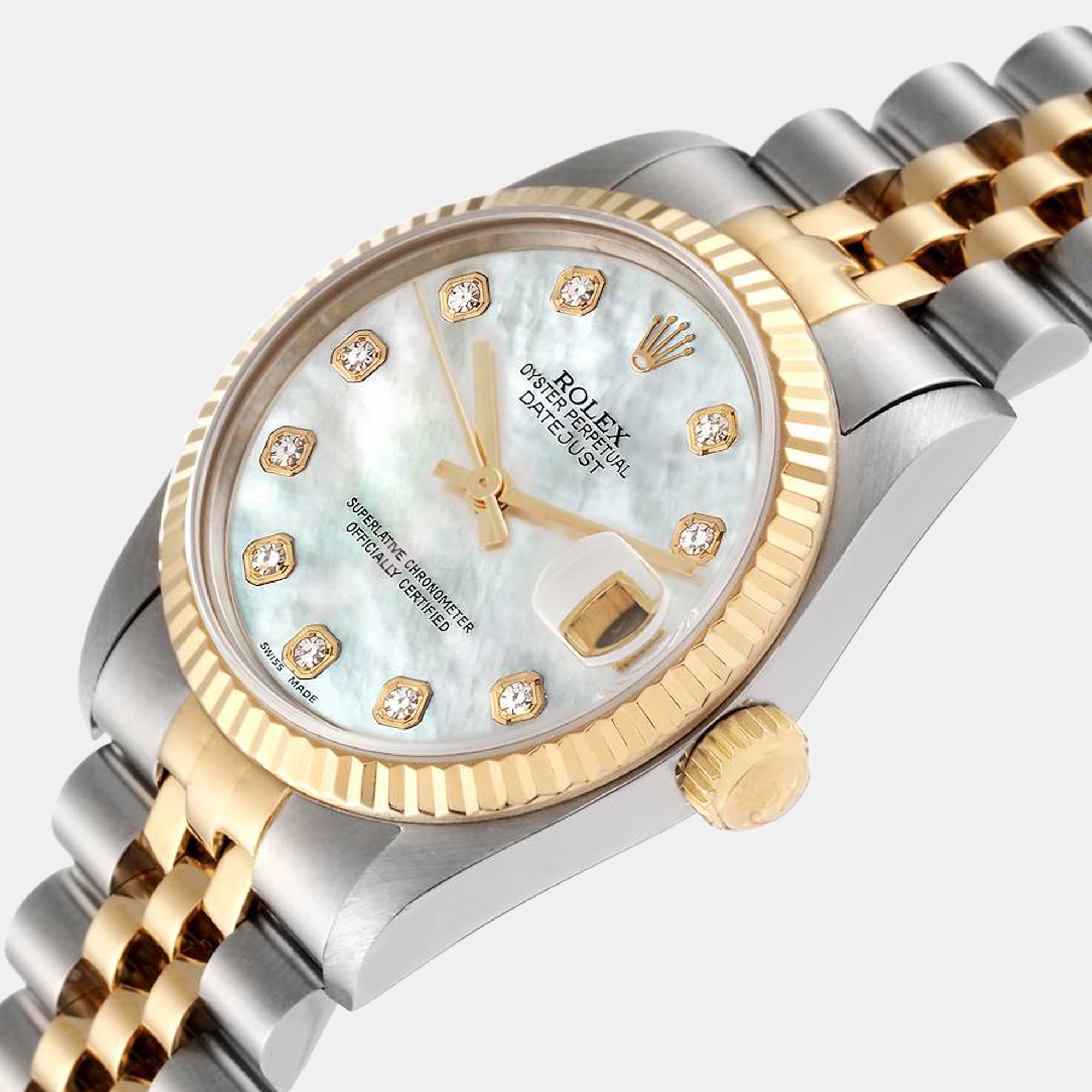 

Rolex Datejust Midsize Steel Yellow Gold MOP Diamond Dial Ladies Watch 68273 31 mm, Silver