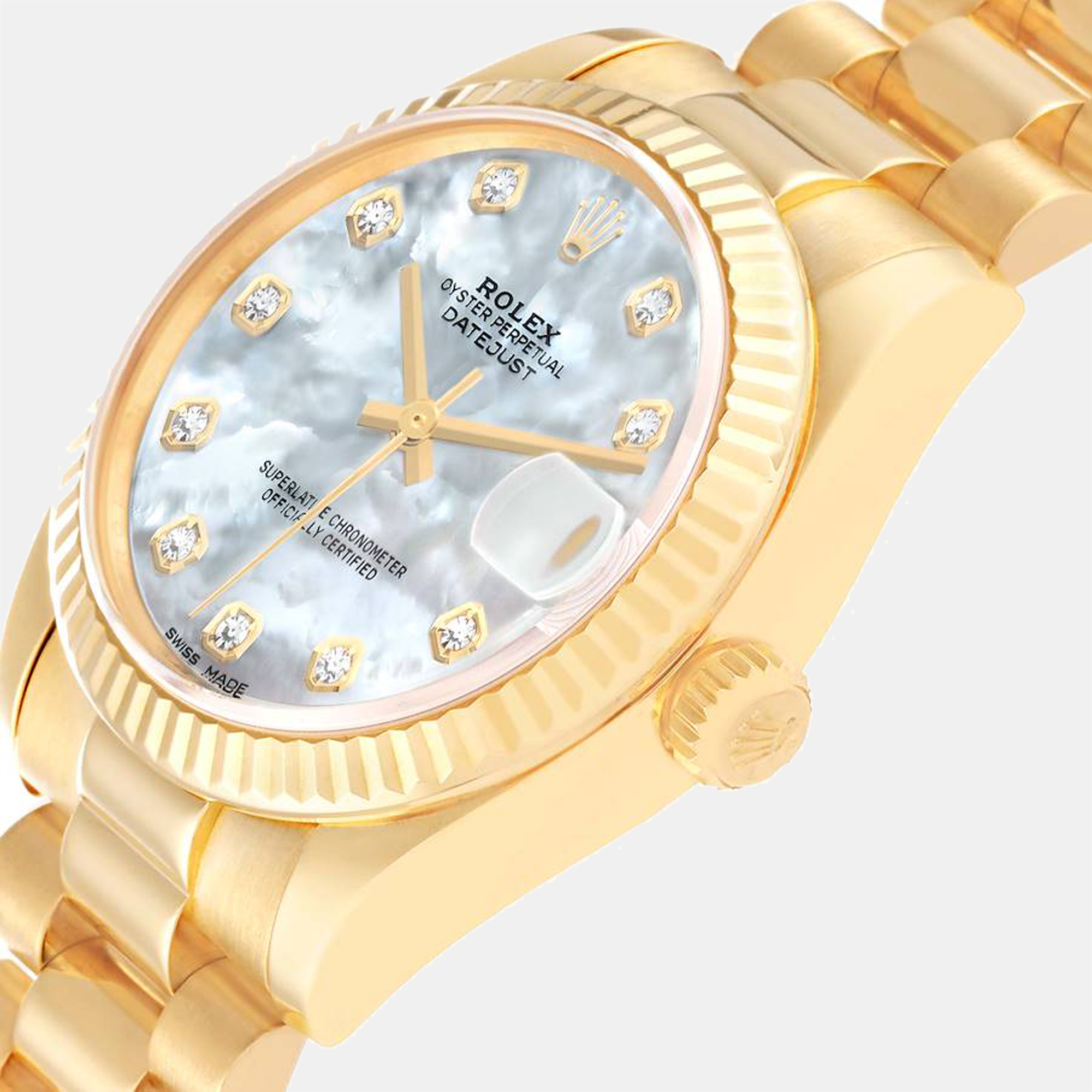 

Rolex President Midsize Yellow Gold MOP Diamond Dial Ladies Watch 178278 31 mm, Silver