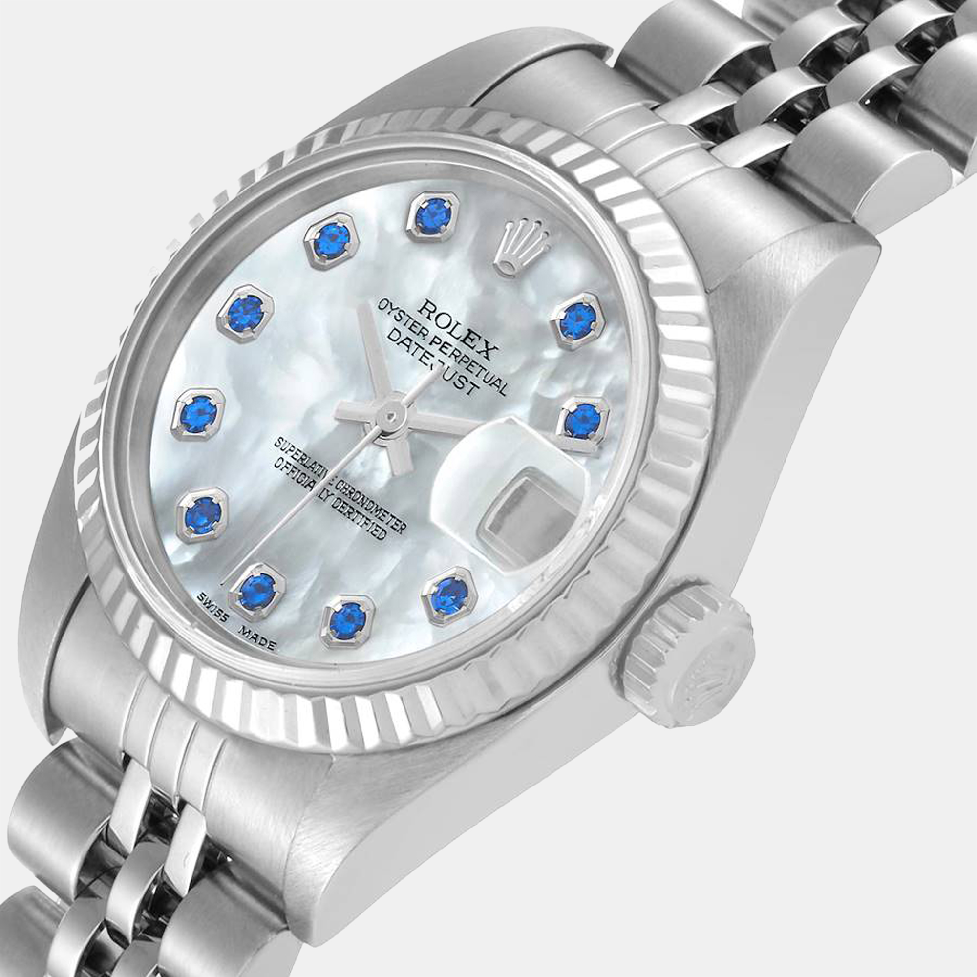 

Rolex Datejust Steel White Gold MOP Sapphire Ladies Watch 79174, Silver