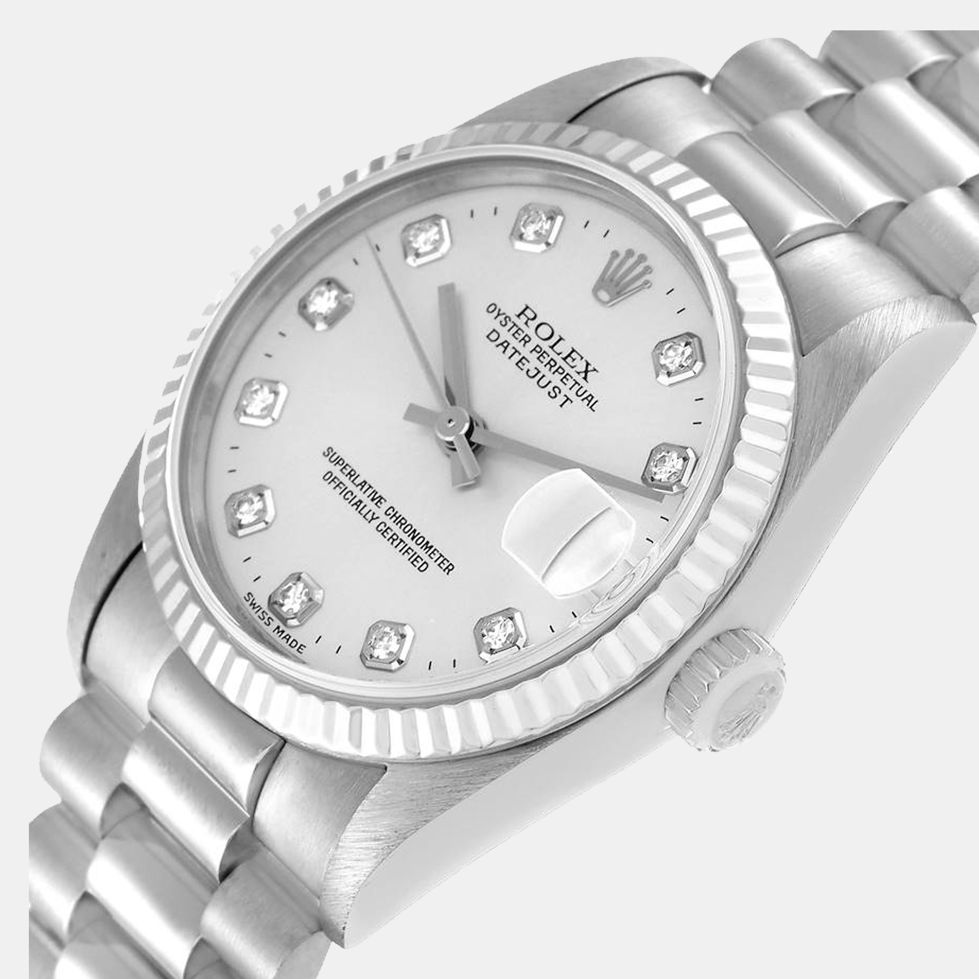 

Rolex Datejust President Midsize White Gold Diamond Ladies Watch 78279 31 mm, Silver