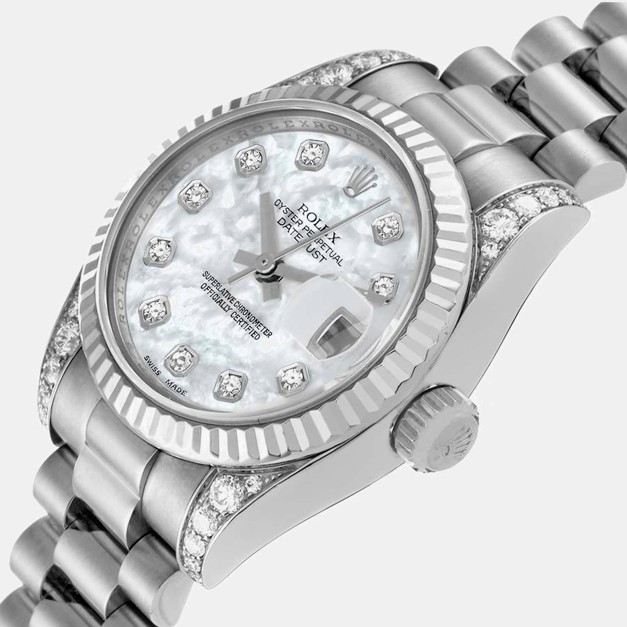 

Rolex Datejust President White Gold MOP Dial Diamond Ladies Watch 179159 26 mm, Silver