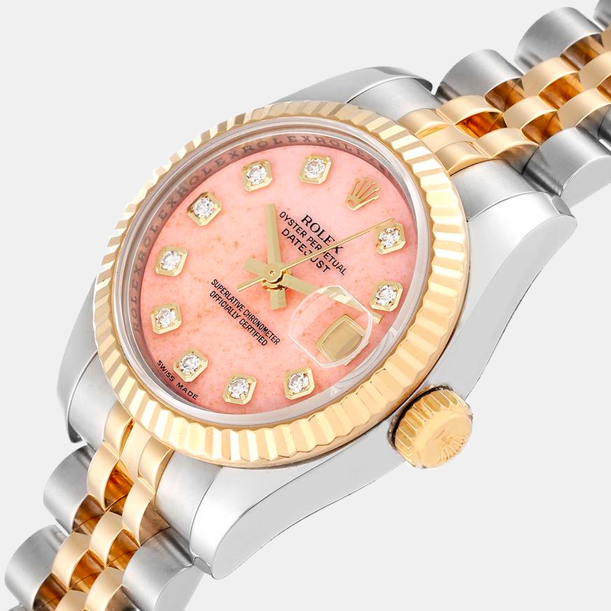 

Rolex Datejust Steel Yellow Gold Coral Diamond Dial Ladies Watch 179173 26 mm, Pink