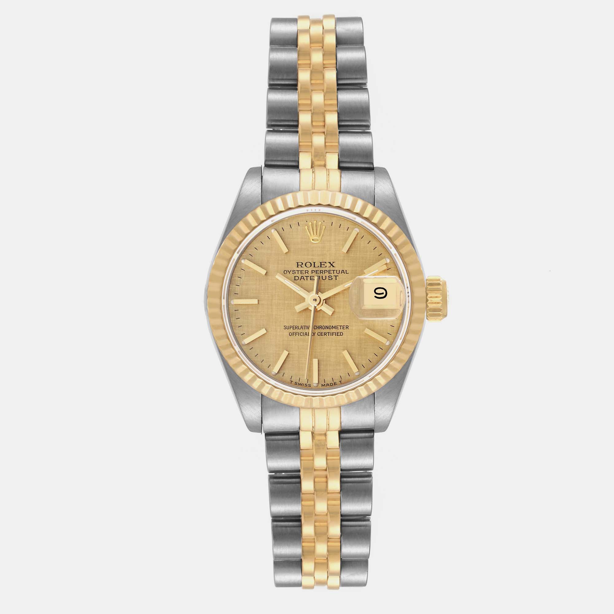 Pre-owned Rolex Datejust Steel Yellow Gold Champagne Linen Dial Ladies Watch 69173 26 Mm