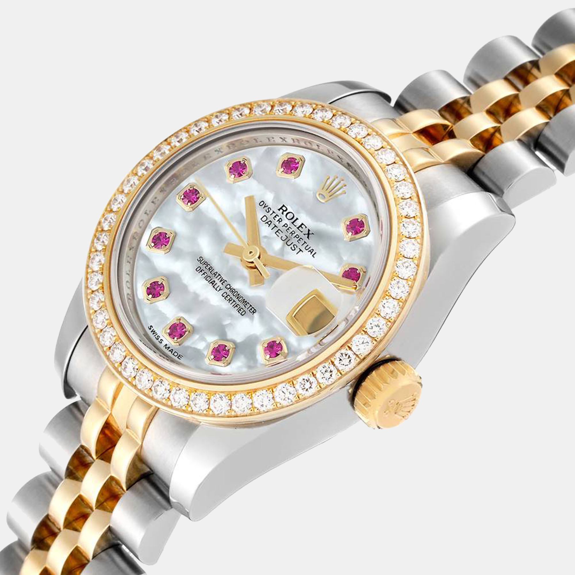 

Rolex Datejust 26 Steel Yellow Gold Mother Of Pearl Ruby Diamond Ladies Watch 179383 26 mm, Silver