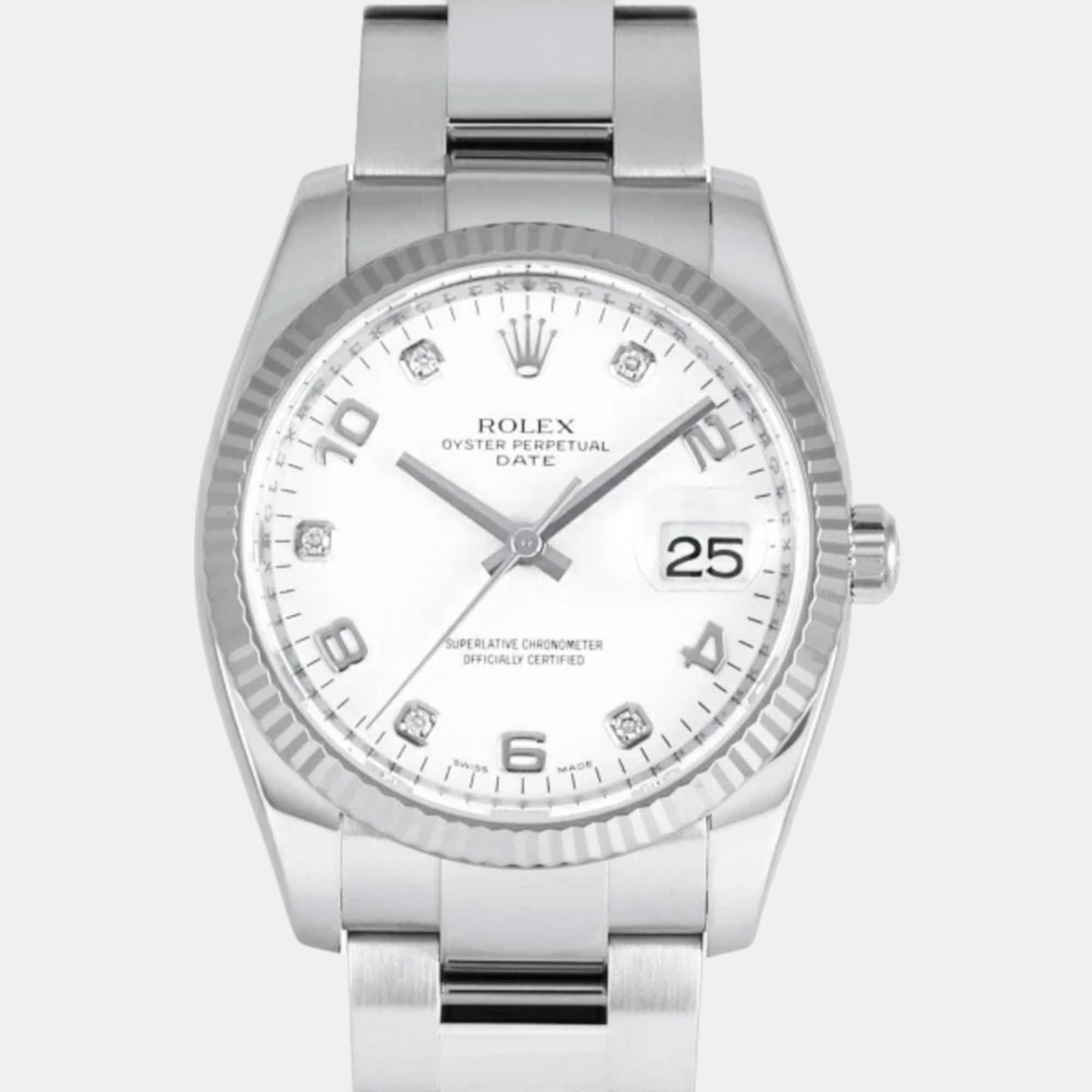 

Rolex White 18k White Gold And Stainless Steel Oyster Perpetual 115234 Automatic Women's Wristwatch 34 mm