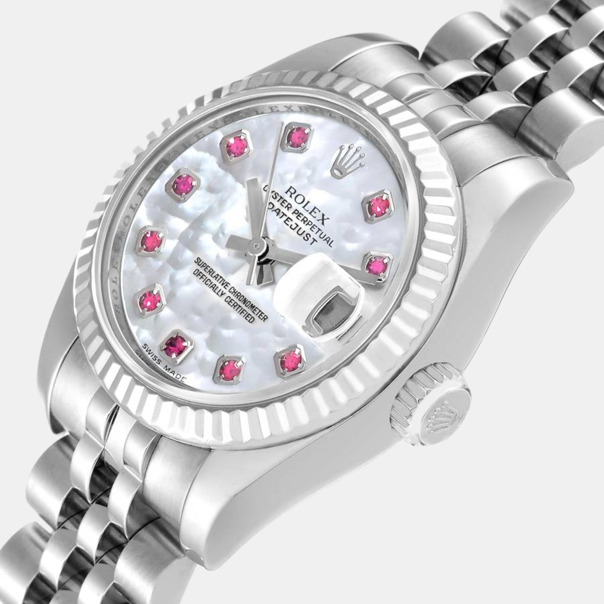 

Rolex Datejust Steel White Gold Mother of Pearl Ruby Dial Ladies Watch 179174 26 mm, Silver