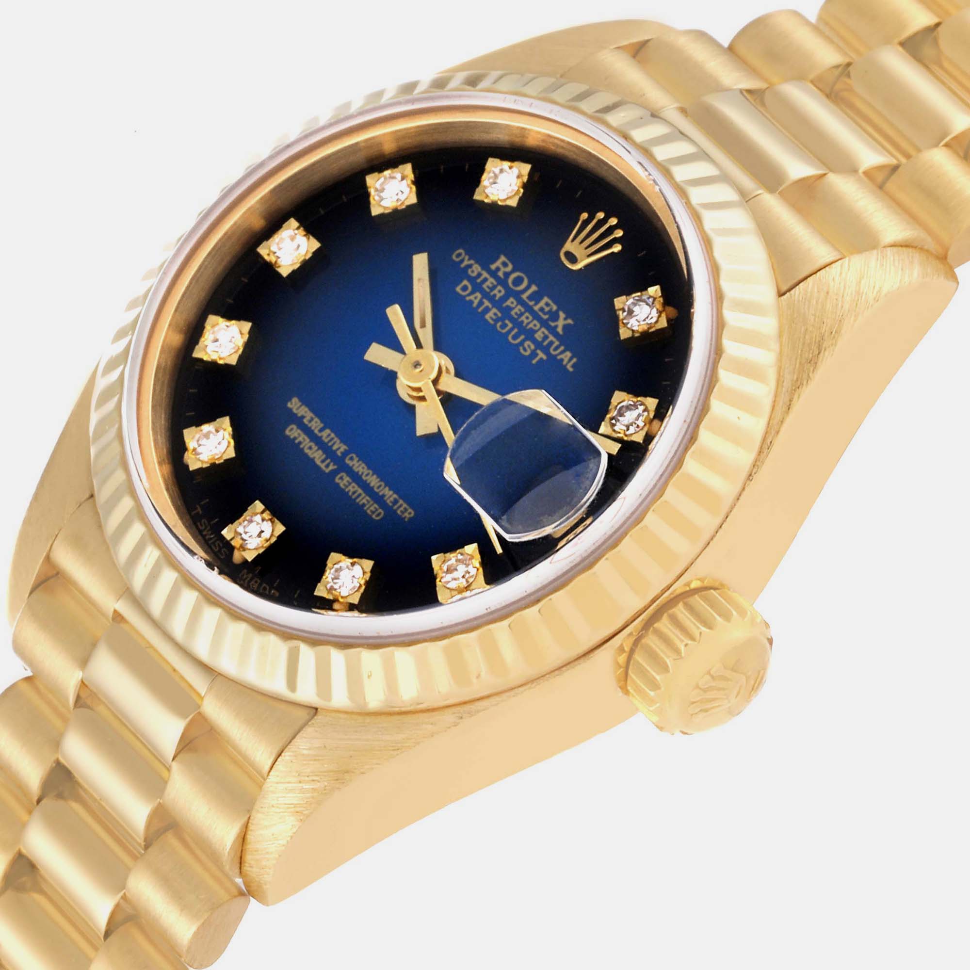 

Rolex Datejust President Yellow Gold Vignette Diamond Dial Ladies Watch 69178 26 mm, Blue