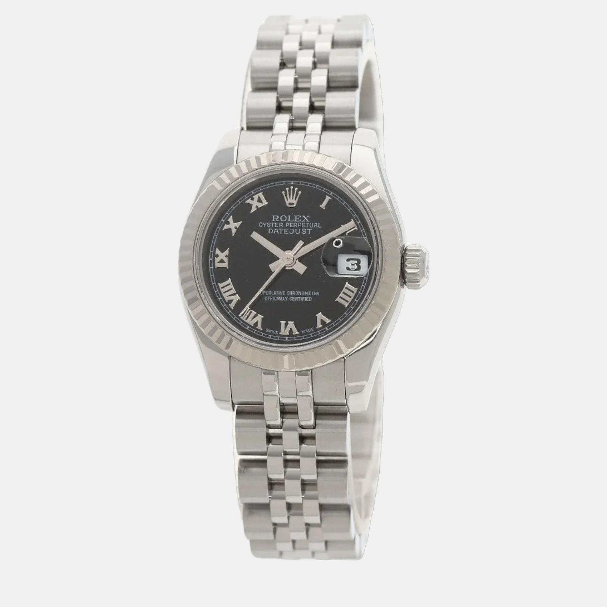 Pre-owned Rolex Black 18k White Gold And Stainless Steel Datejust 179174 Automatic Women's Wristwatch 26 Mm