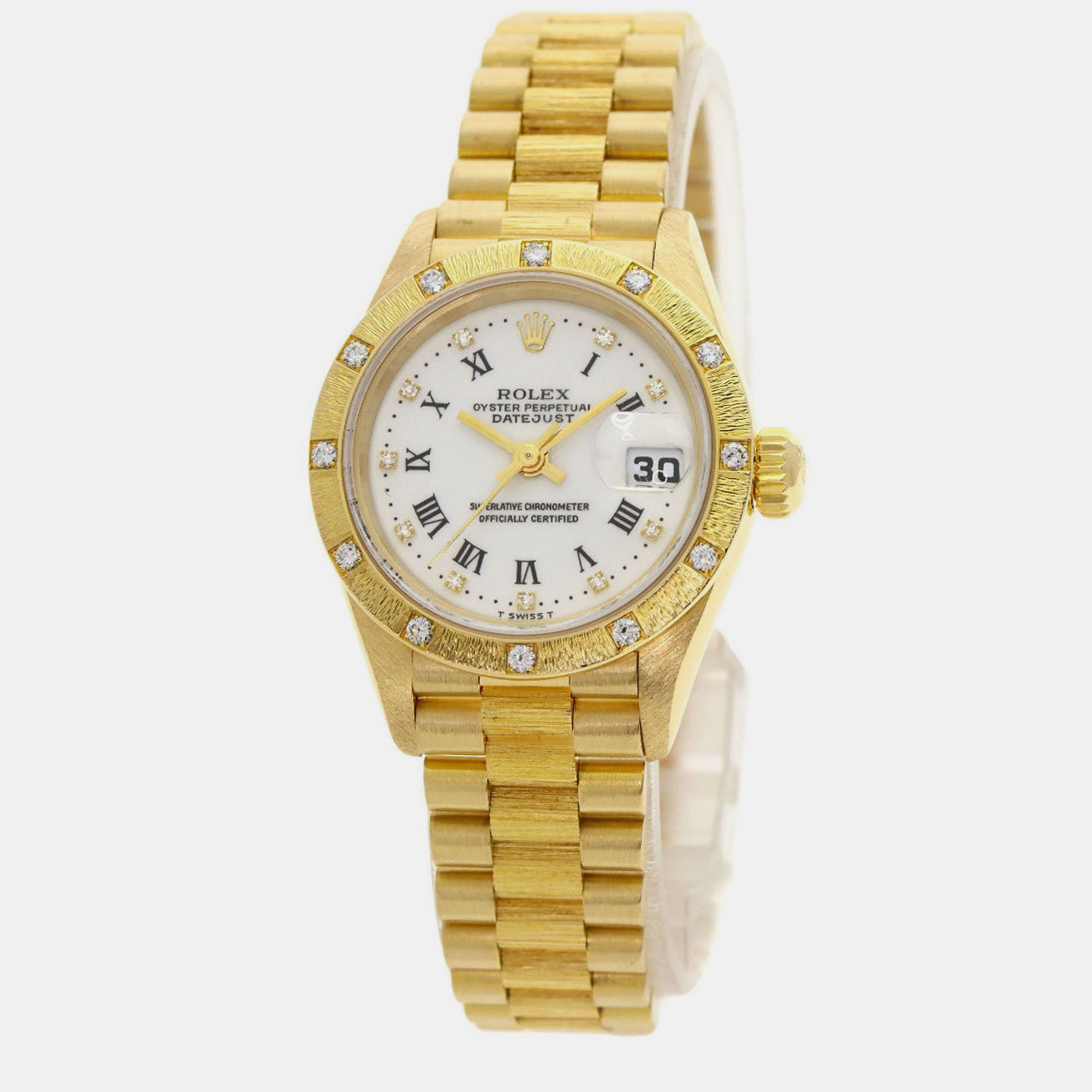 Pre-owned Rolex White Diamond 18k Yellow Gold Datejust 69288 Automatic Women's Wristwatch 26 Mm