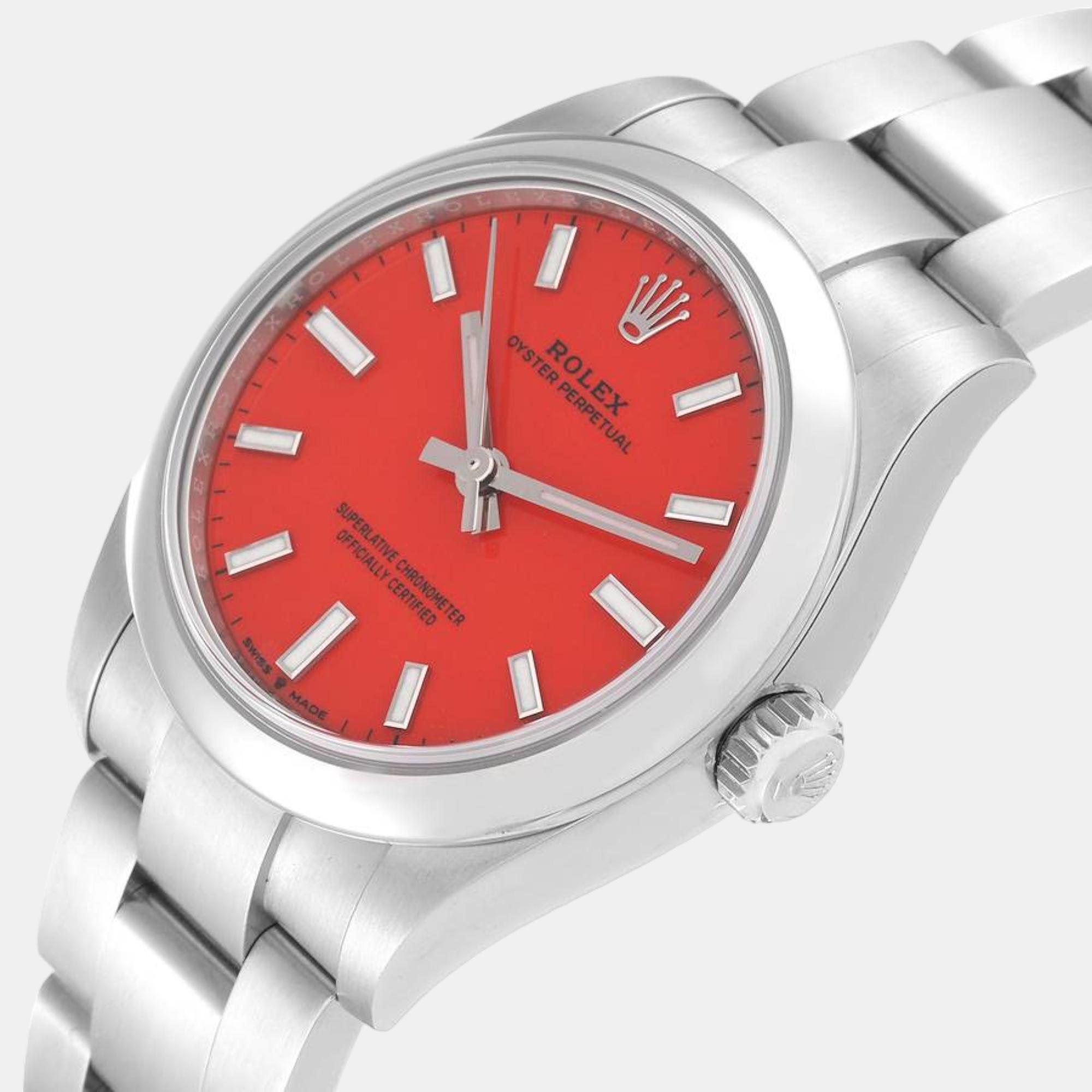 

Rolex Oyster Perpetual Midsize Coral Red Dial Steel Ladies Watch 277200