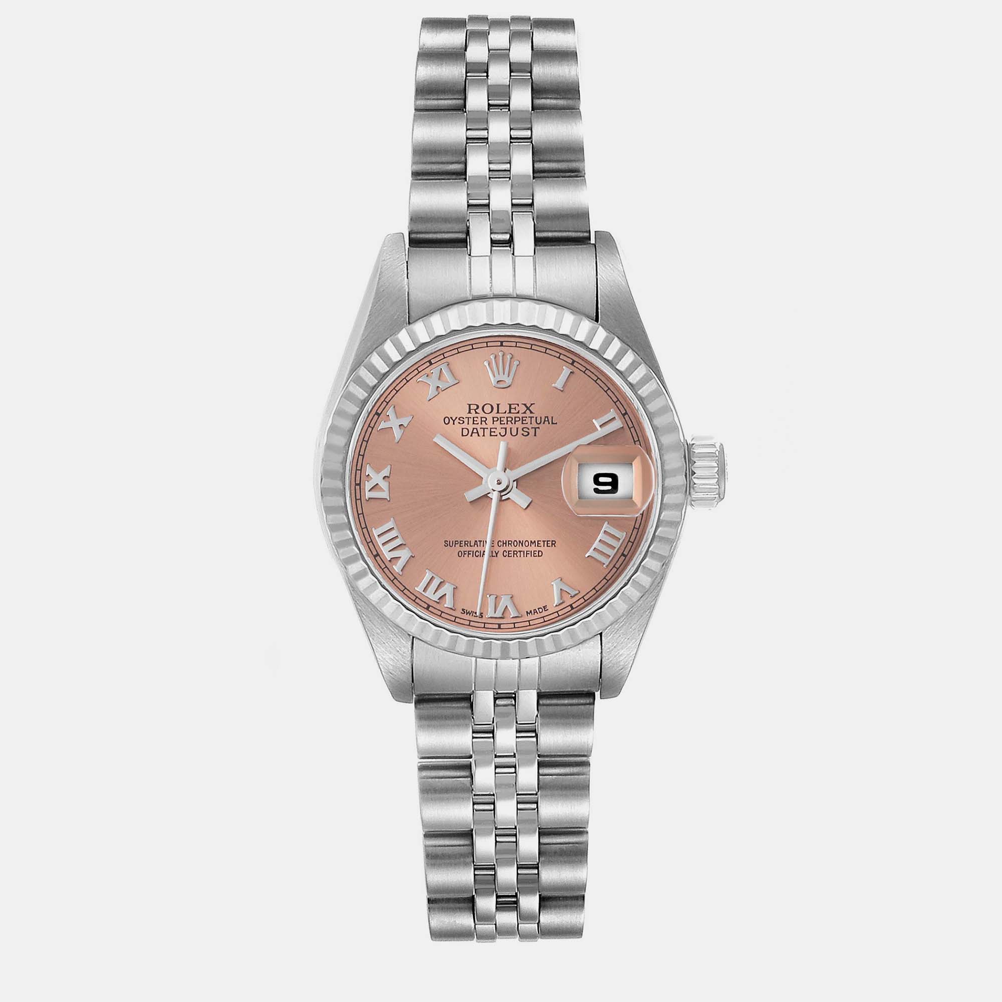 Pre-owned Rolex Datejust White Gold Salmon Dial Steel Ladies Watch 79174 26 Mm In Pink