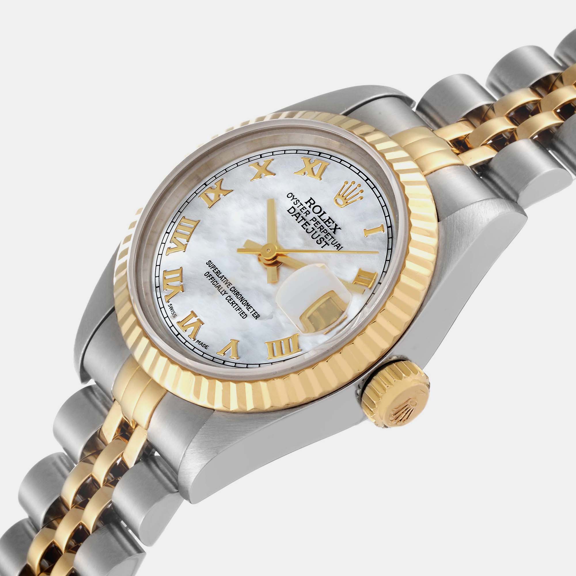 

Rolex Datejust Steel Yellow Gold Mother of Pearl Roman Dial Ladies Watch 69173 26 mm, Silver