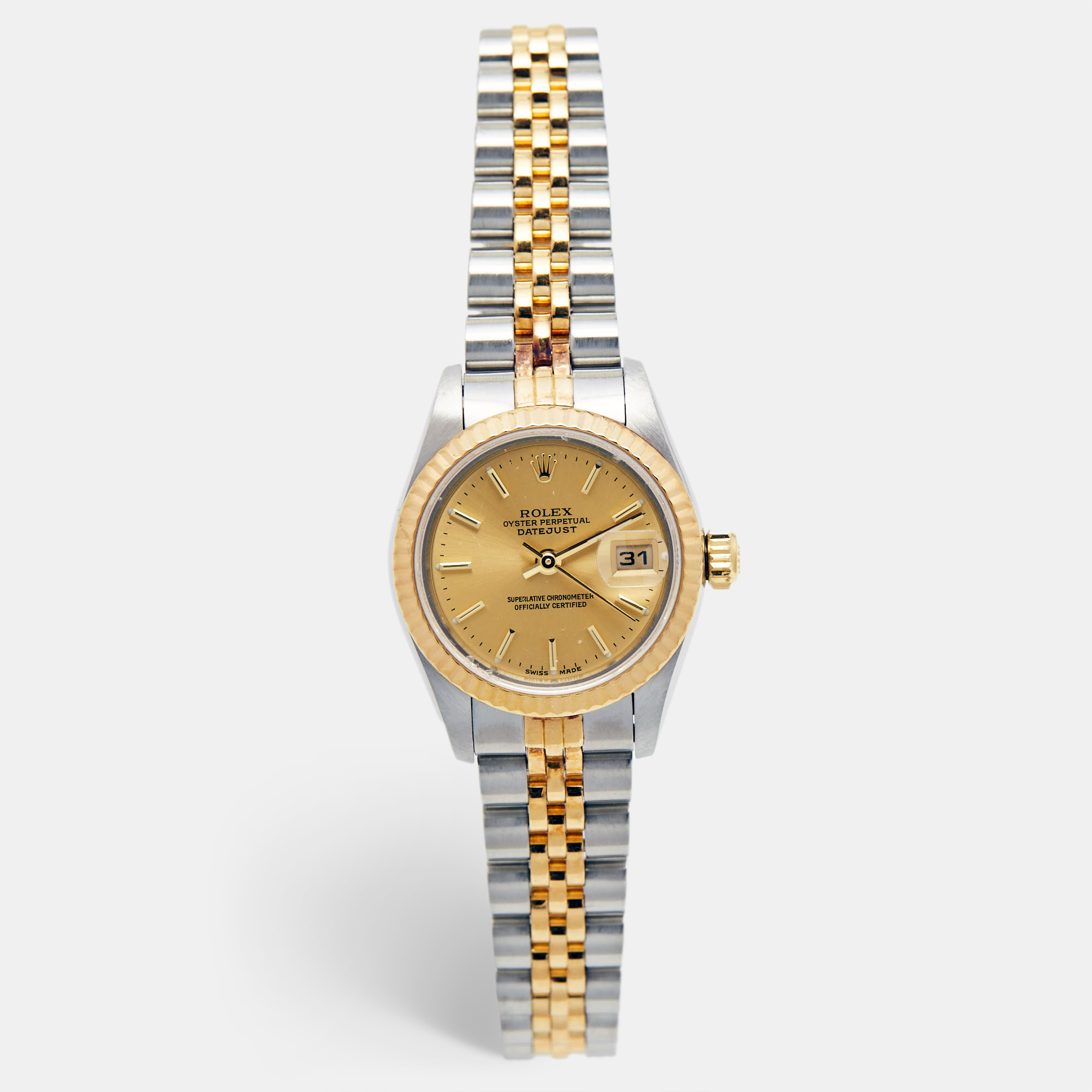 Pre Owned Rolex Champagne 18K Yellow Gold And Stainless Steel Datejust 69173 Women's Wristwatch 26 mm