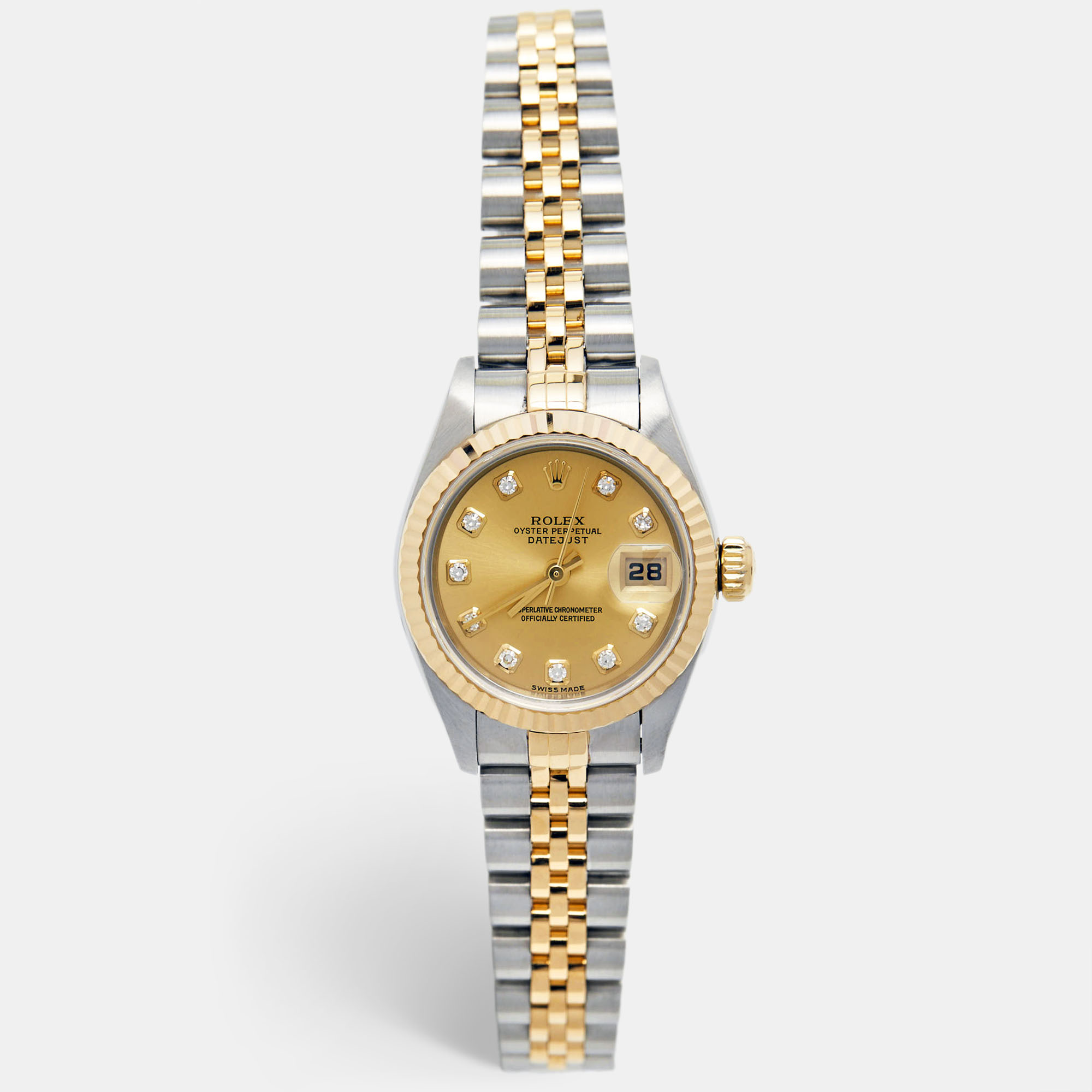 Pre Owned Rolex Champagne 18K Yellow Gold Stainless Steel Diamond Datejust 79173 Women's Wristwatch 26 mm