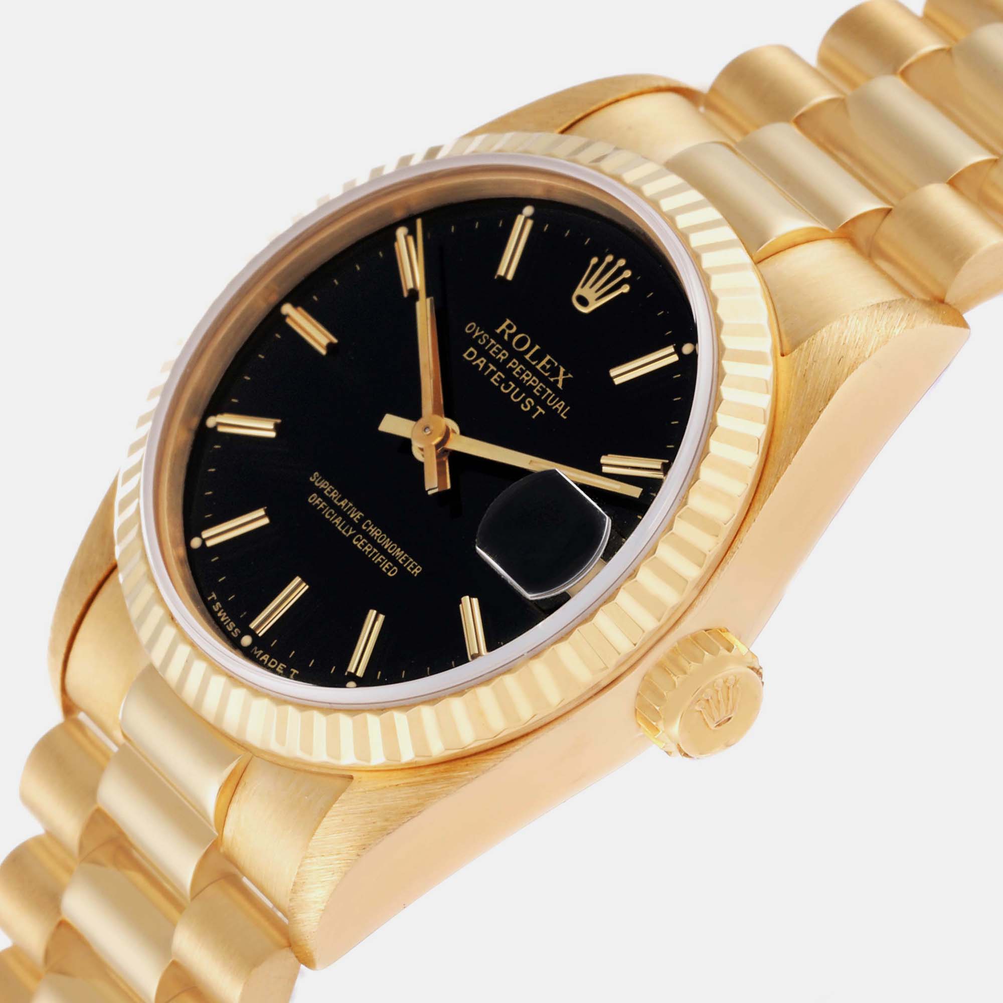 

Rolex President Datejust Midsize Black Dial Yellow Gold Ladies Watch 68278 31 mm