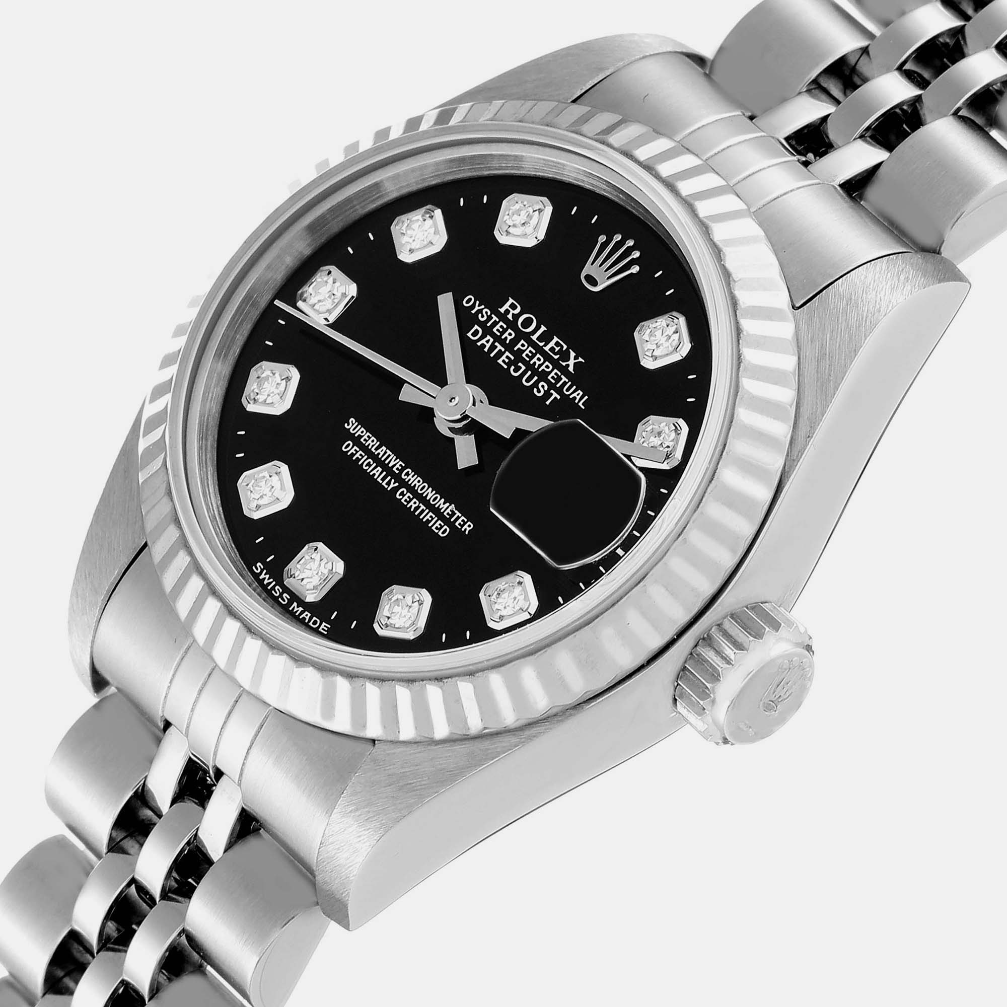 

Rolex Datejust Steel White Gold Black Diamond Dial Ladies Watch 69174 26 mm