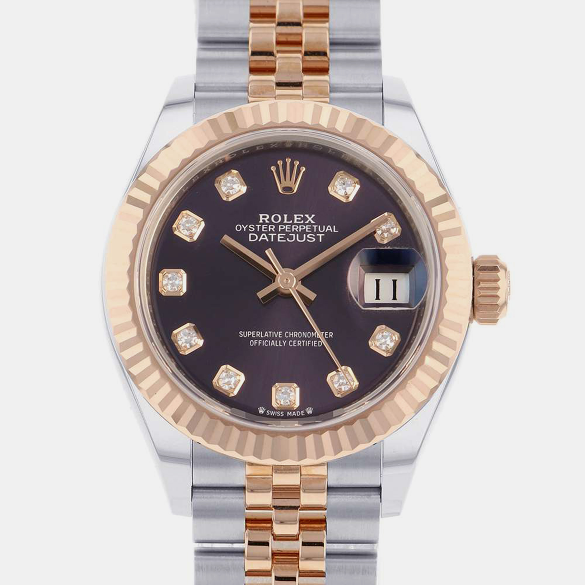 Pre-owned Rolex Brown Diamond 18k Rose Gold And Stainless Steel Datejust 279171 Automatic Women's Wristwatch 28 Mm