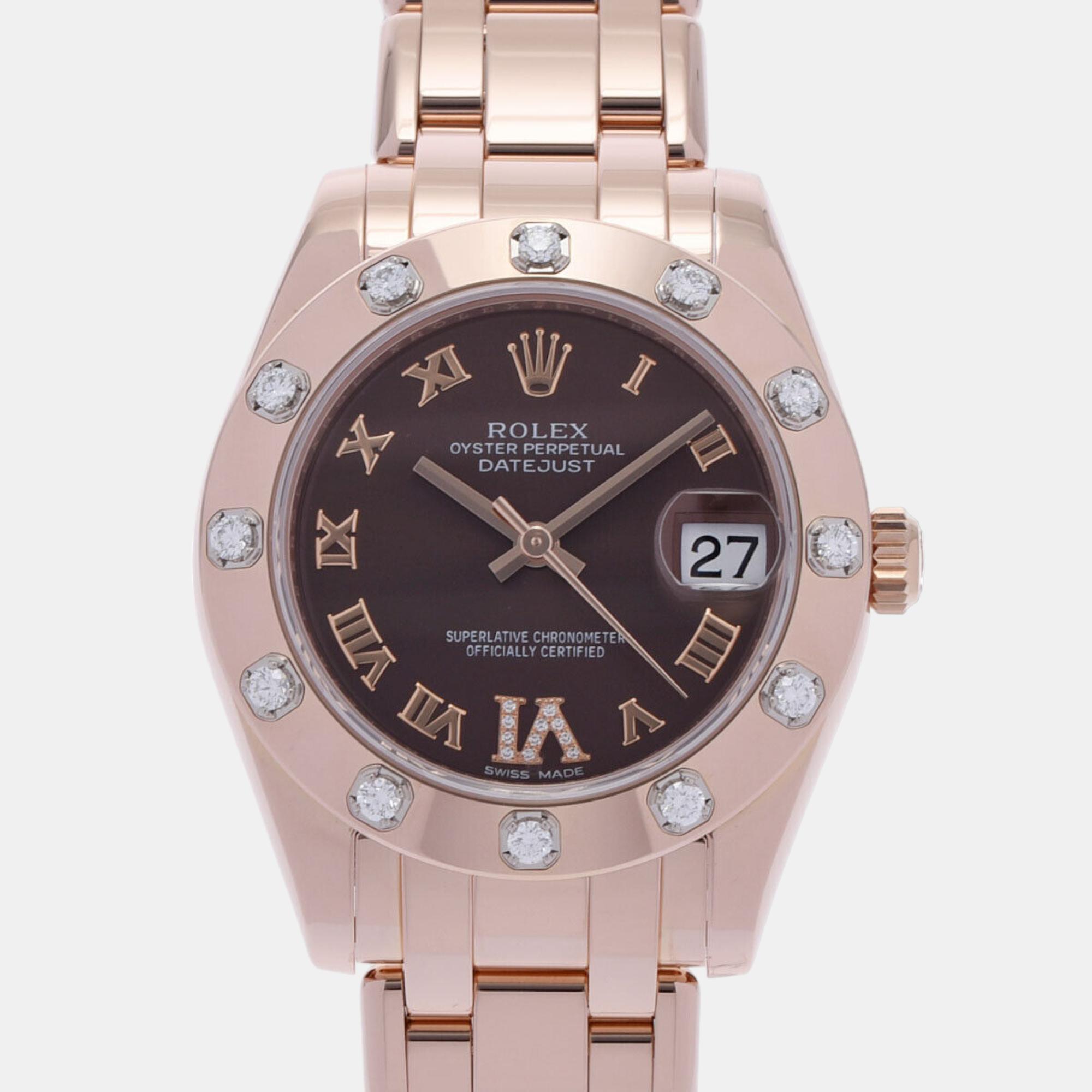 Pre-owned Rolex Brown Diamond 18k Rose Gold Pearlmaster 81315 Automatic Women's Wristwatch 34 Mm