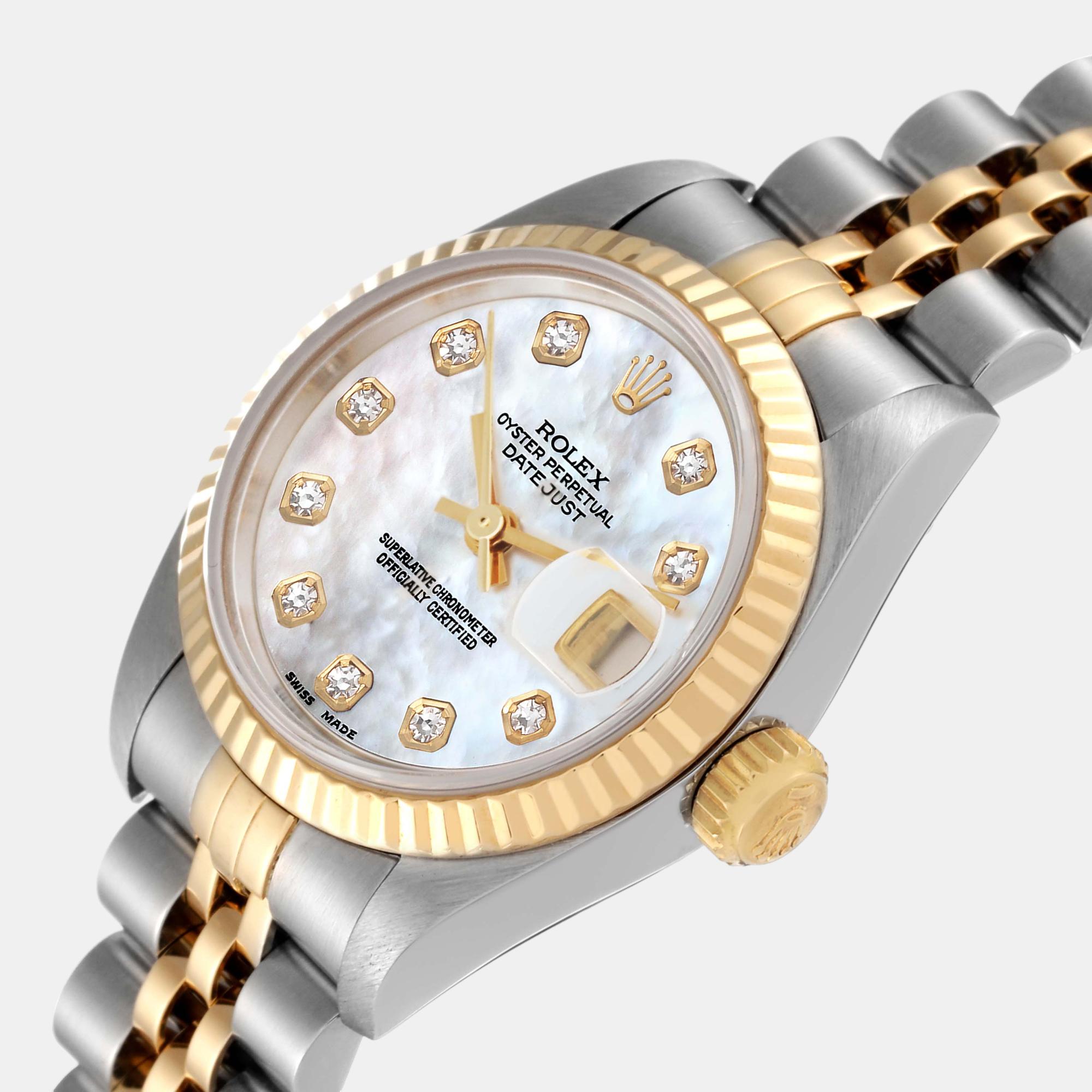 

Rolex Datejust Steel Yellow Gold Mother Of Pearl Diamond Dial Ladies Watch 69173 26 mm, Silver
