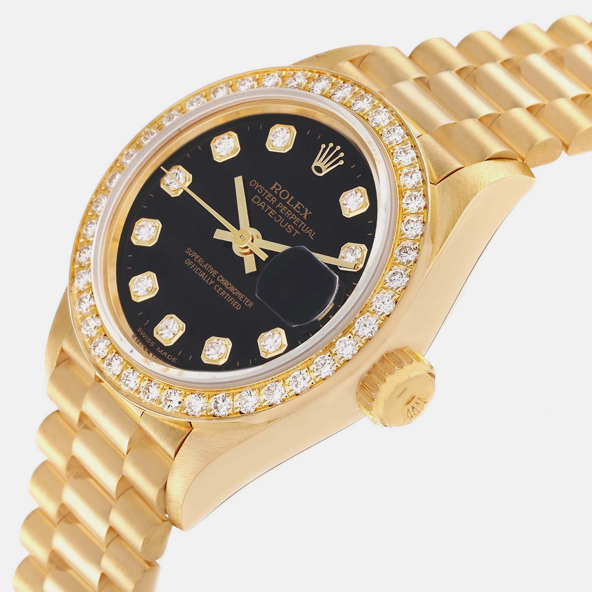 

Rolex President Datejust Yellow Gold Black Diamond Dial Watch 69138 26 mm