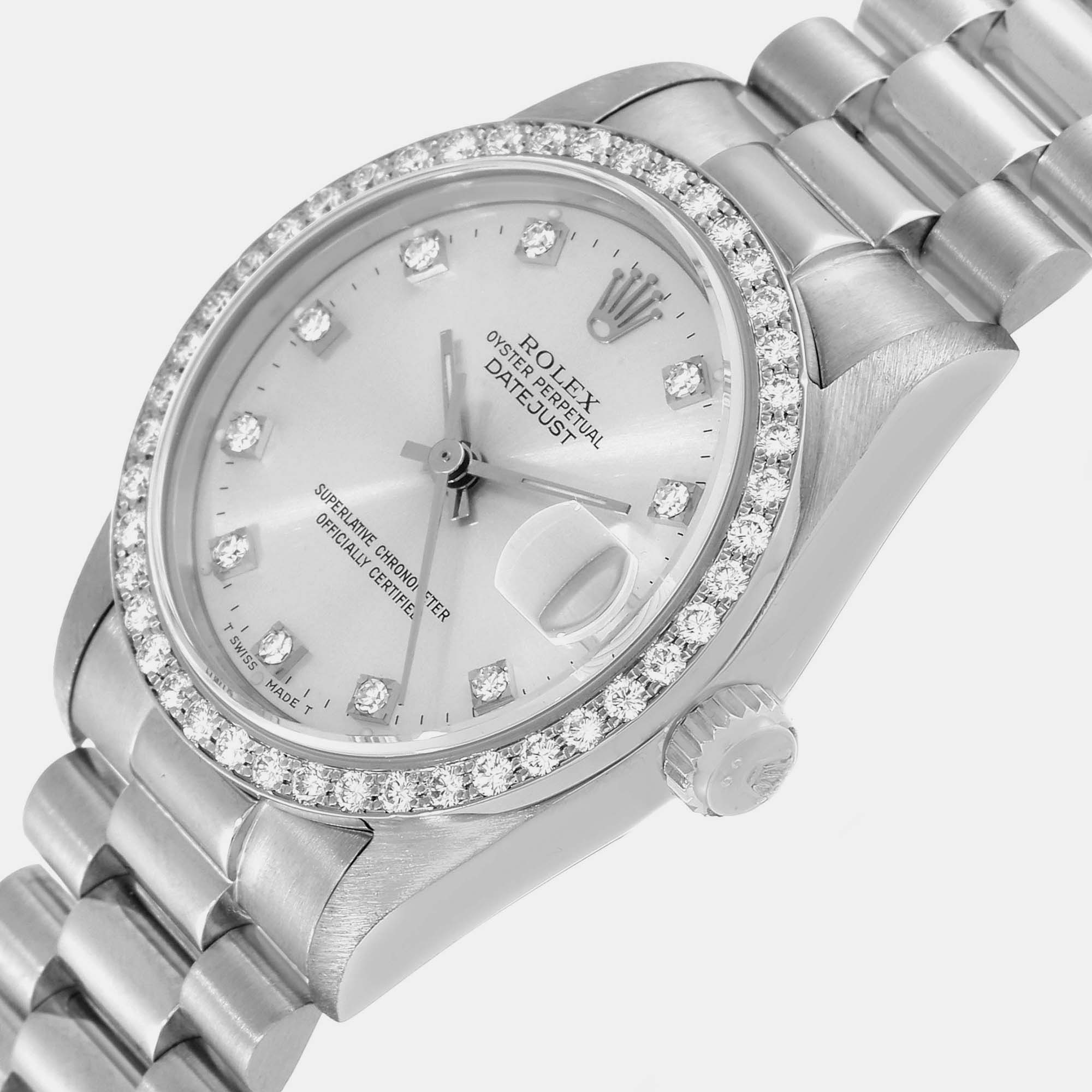 

Rolex President Datejust Midsize White Gold Diamond Ladies Watch 68289 31 mm, Silver