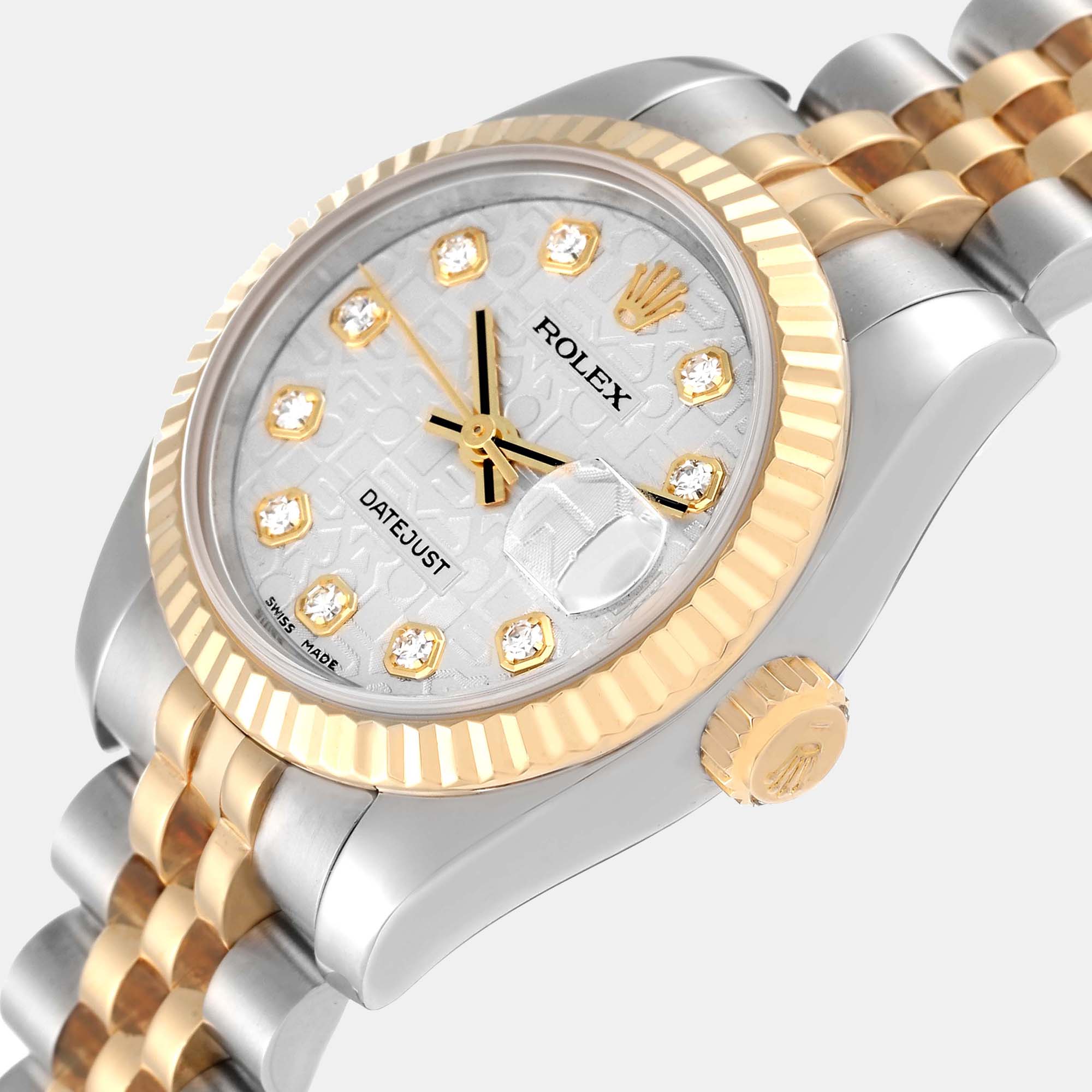 

Rolex Datejust Steel Yellow Gold Anniversary Diamond Dial Ladies Watch 179173 26 mm, Silver