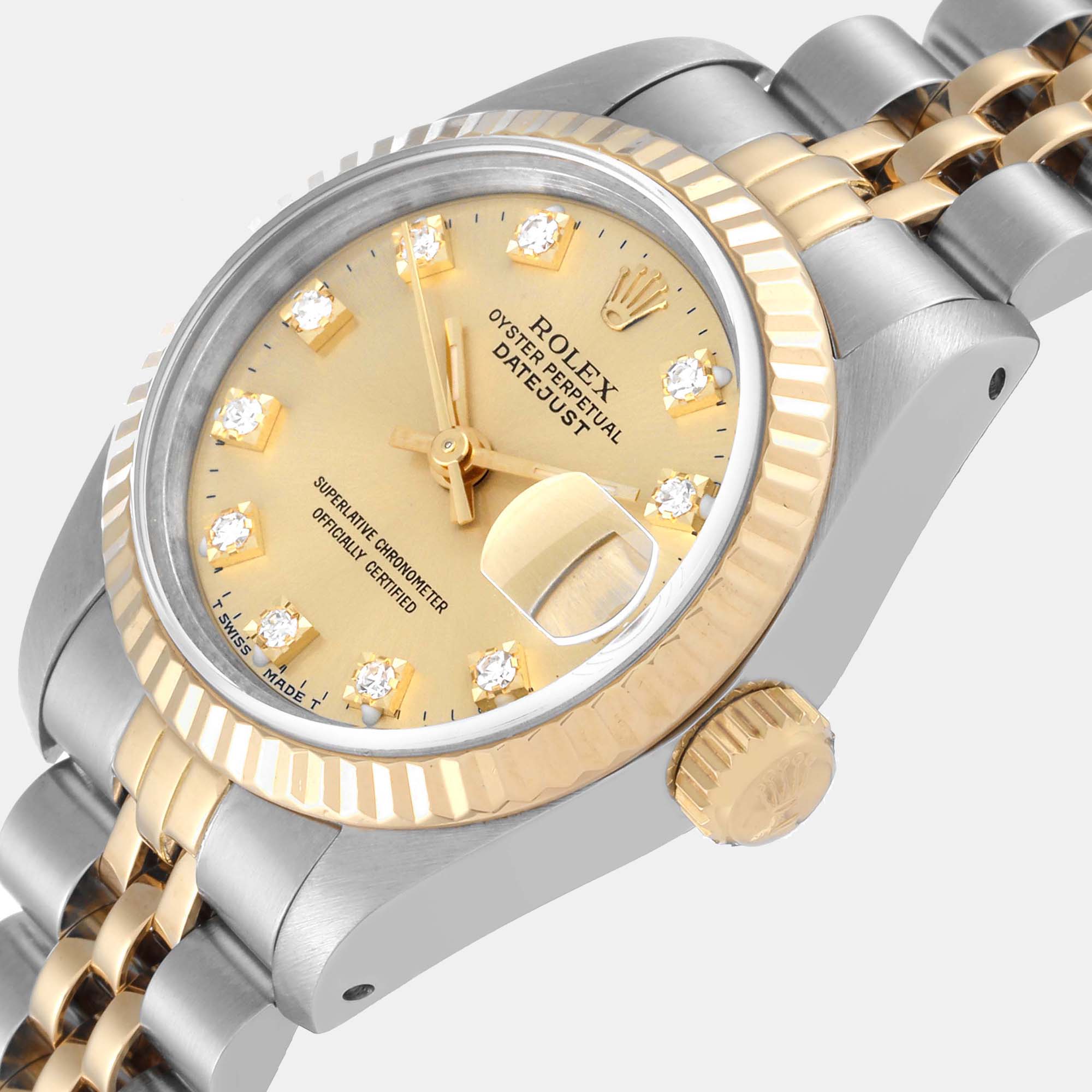 

Rolex Datejust Steel Yellow Gold Champagne Diamond Dial Ladies Watch 69173 26 mm