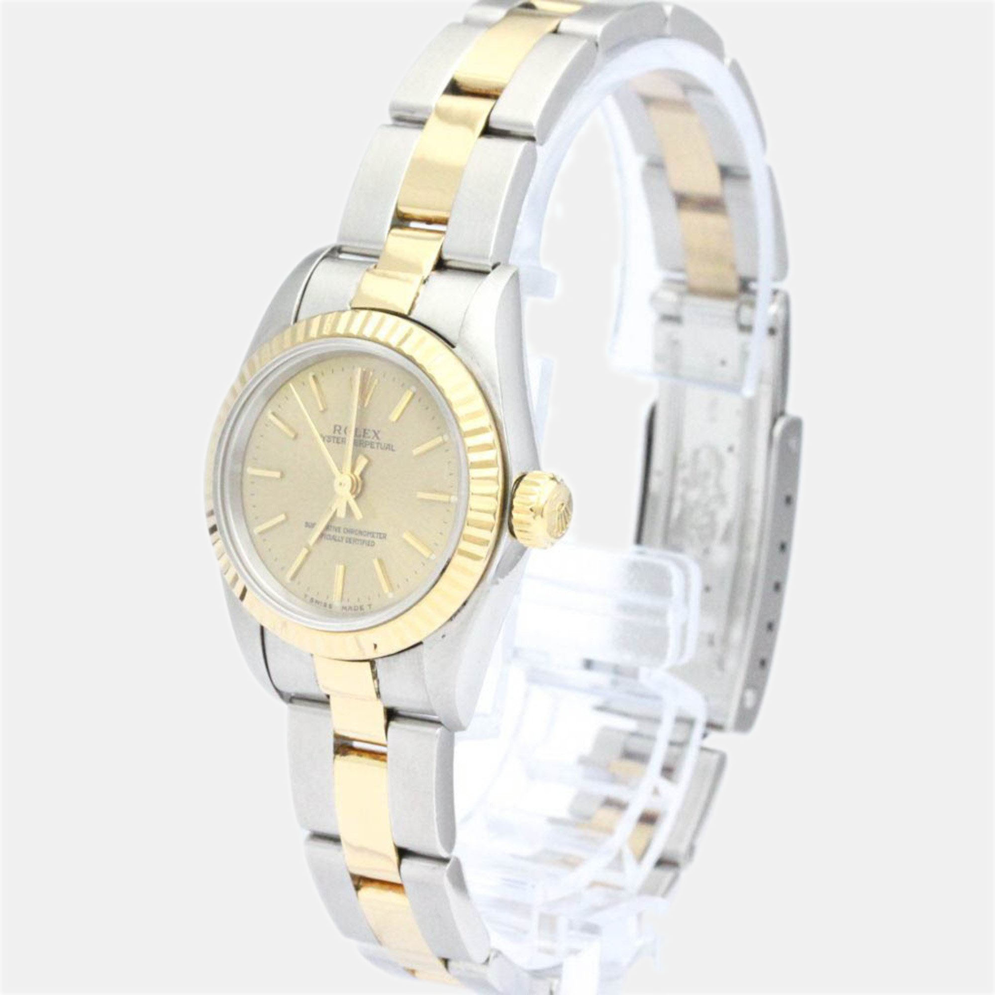 

Rolex Champagne 18k Yellow Gold And Stainless Steel Oyster Perpetual 67193 Automatic Women's Wristwatch 24 mm