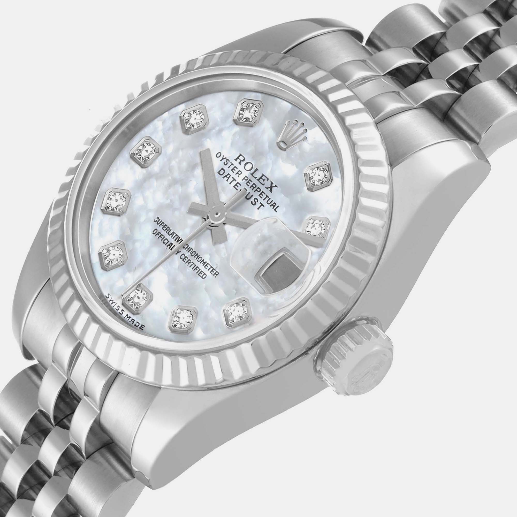 

Rolex Datejust Steel White Gold MOP Diamond Dial Ladies Watch 179174 26 mm, Silver