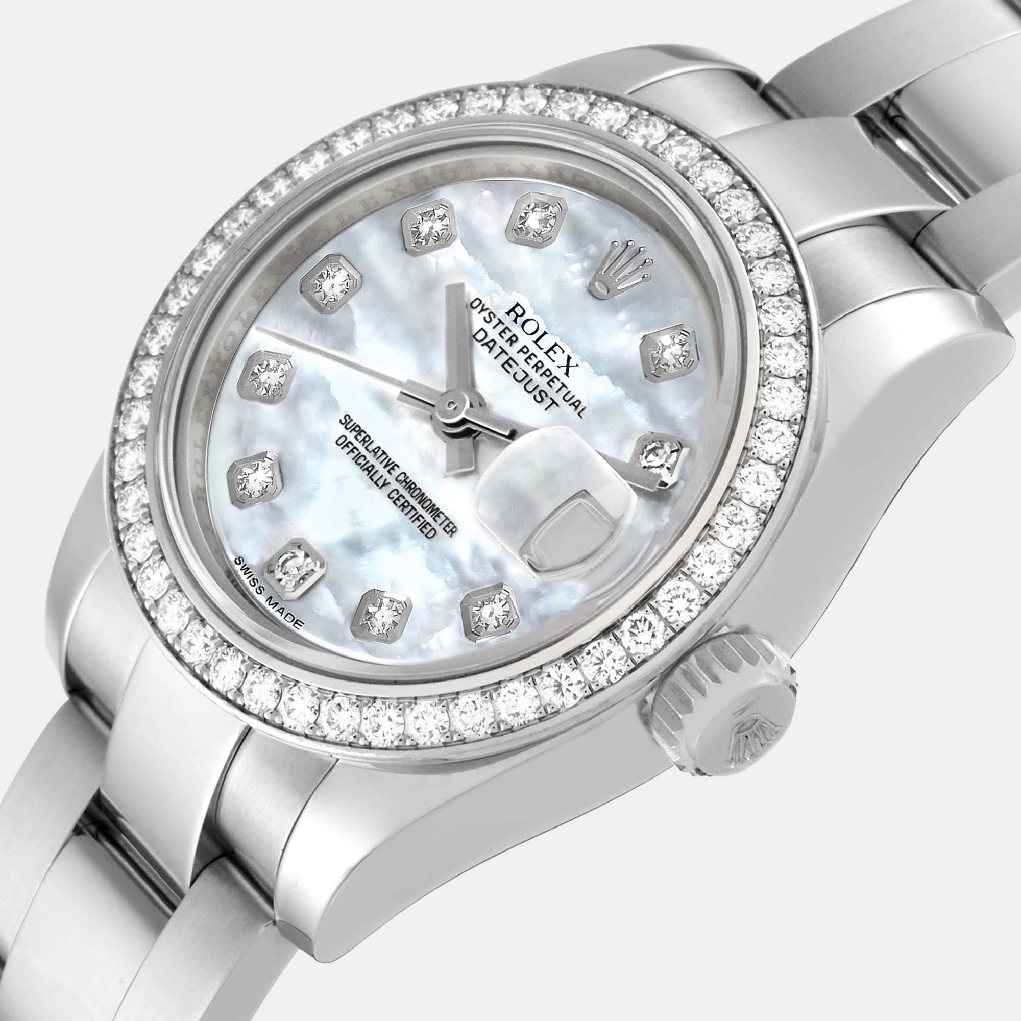 

Rolex Datejust Steel White Gold Mother Of Pearl Diamond Ladies Watch 179384 26 mm, Silver
