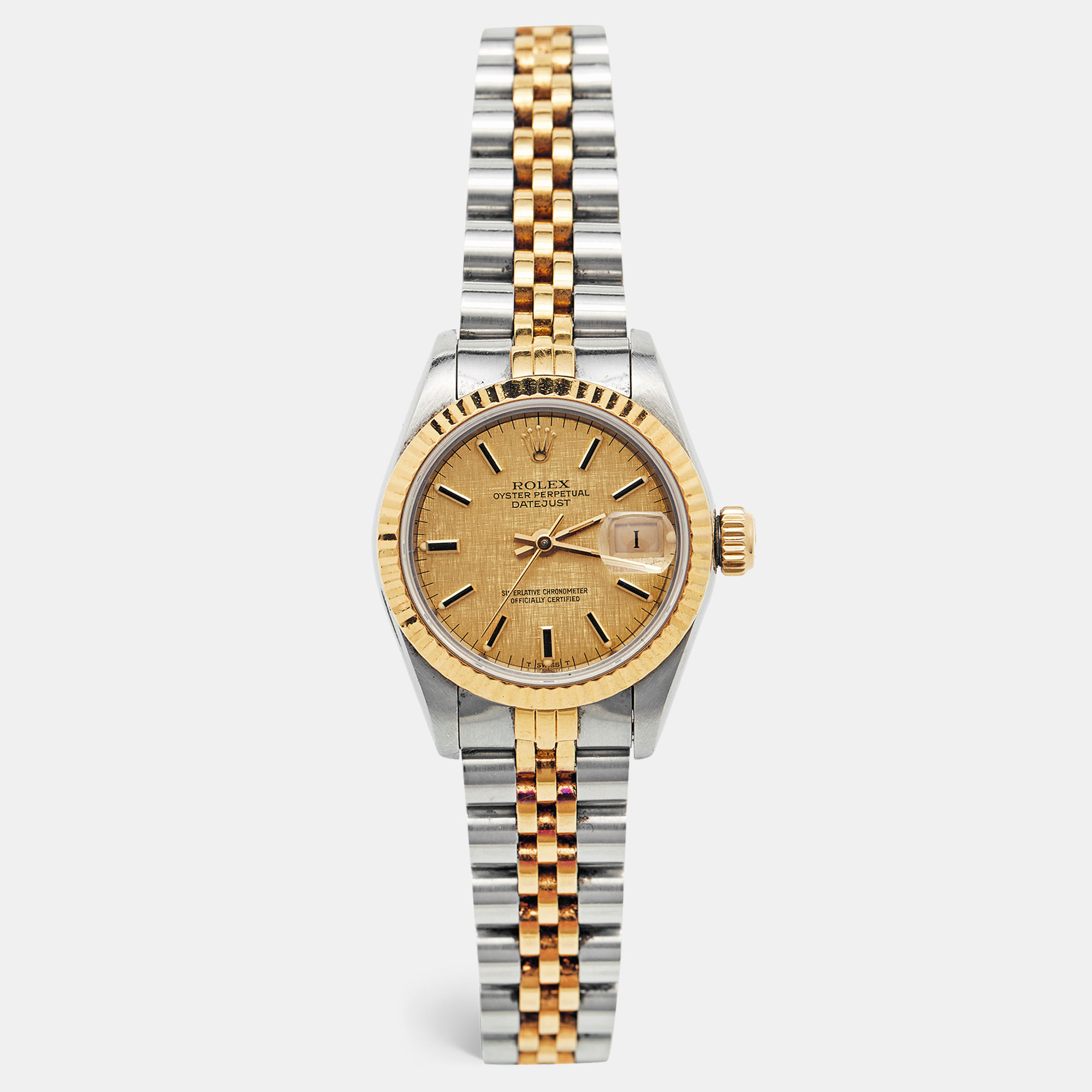 Pre-owned Rolex Champagne 18k Yellow Gold And Stainless Steel Datejust 69173 Women's Wristwatch 26 Mm