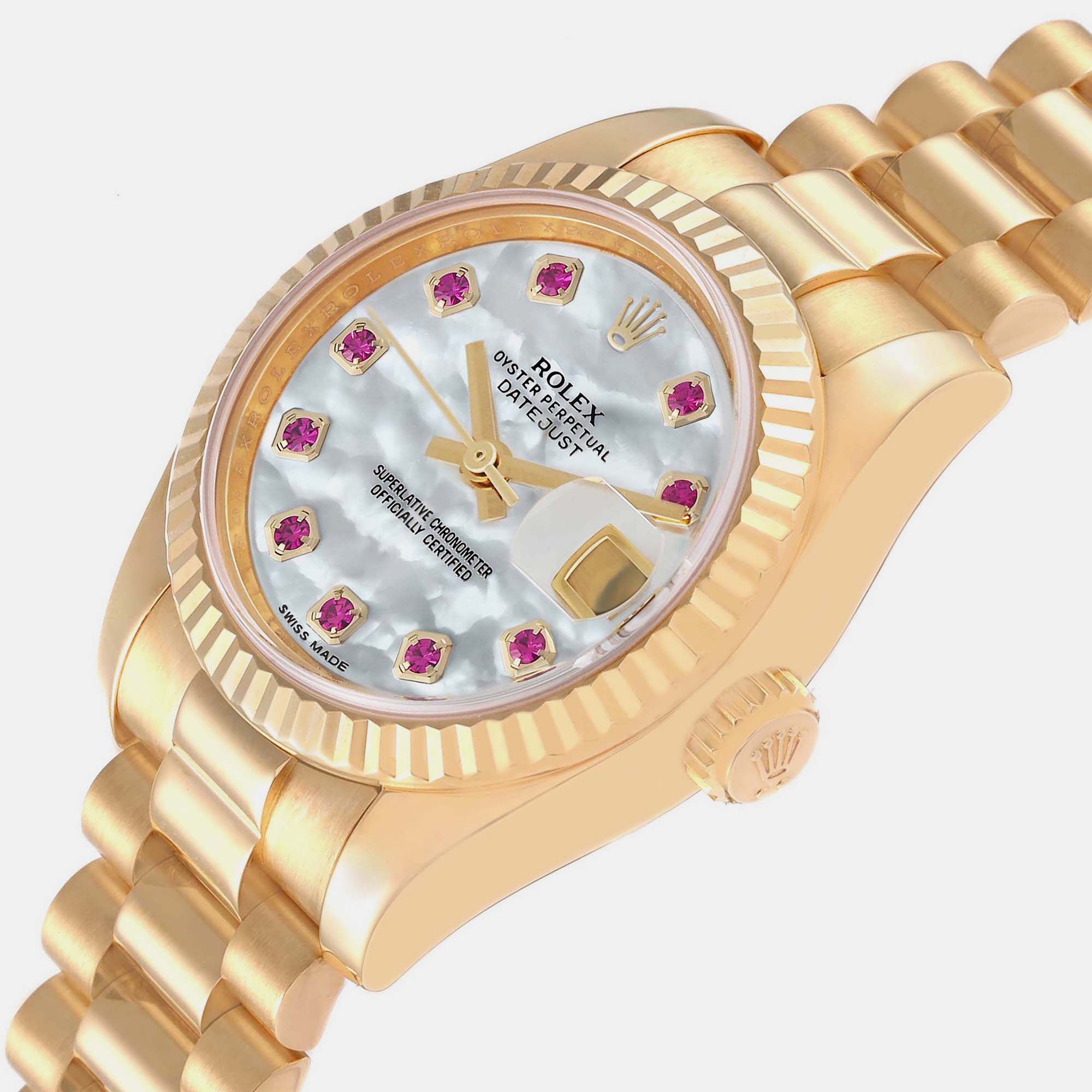 

Rolex President Yellow Gold Mother Of Pearl Ruby Diamond Ladies Watch 179178 26 mm, Silver