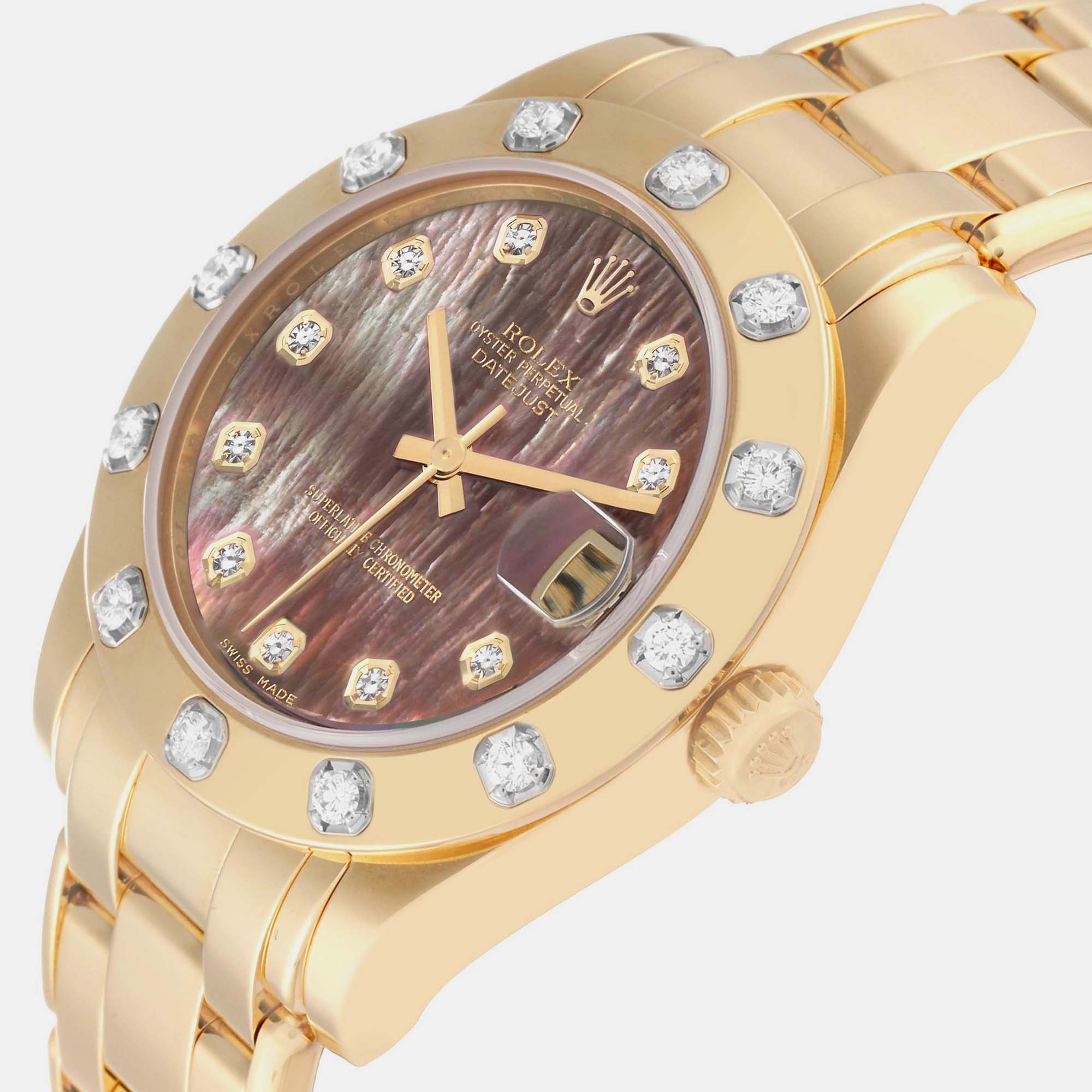 

Rolex Pearlmaster Midsize Yellow Gold Mother of Pearl Diamond Ladies Watch 81318 34 mm, Brown