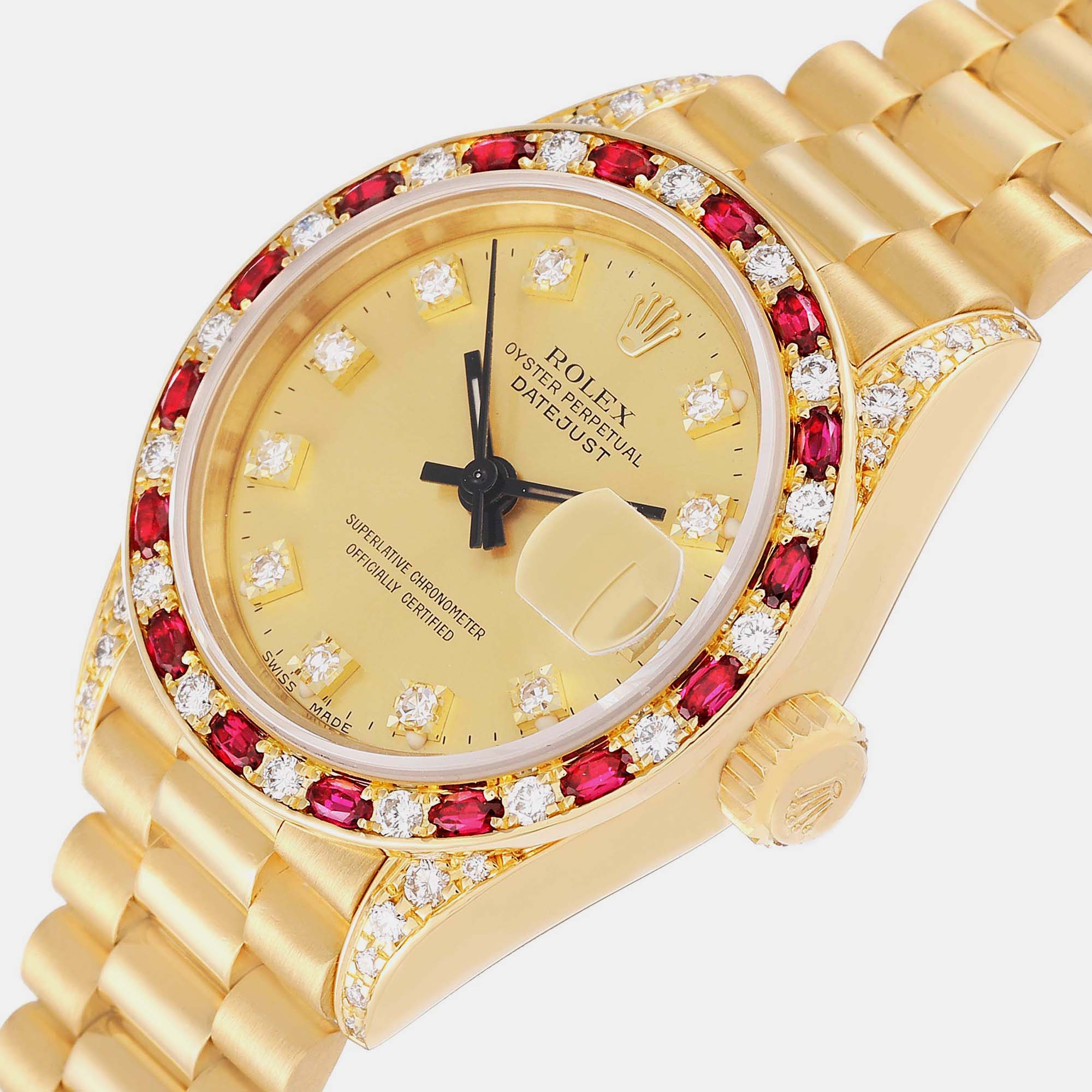 

Rolex President Yellow Gold Diamond Ruby Ladies Watch 69198 26 mm