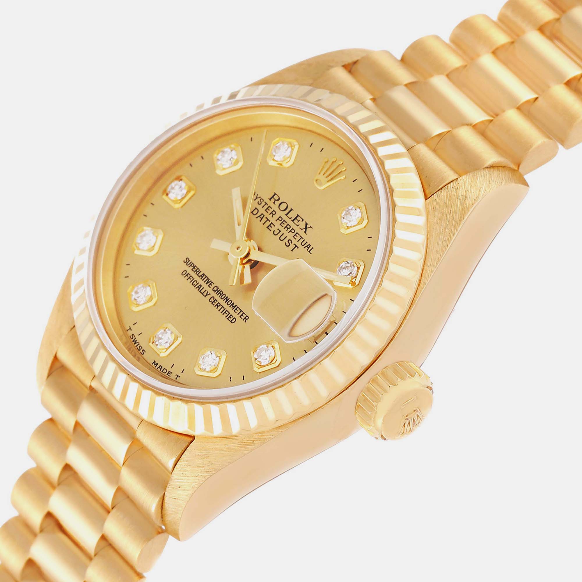 

Rolex Datejust President Yellow Gold Champagne Diamond Dial Ladies Watch 69178 26 mm