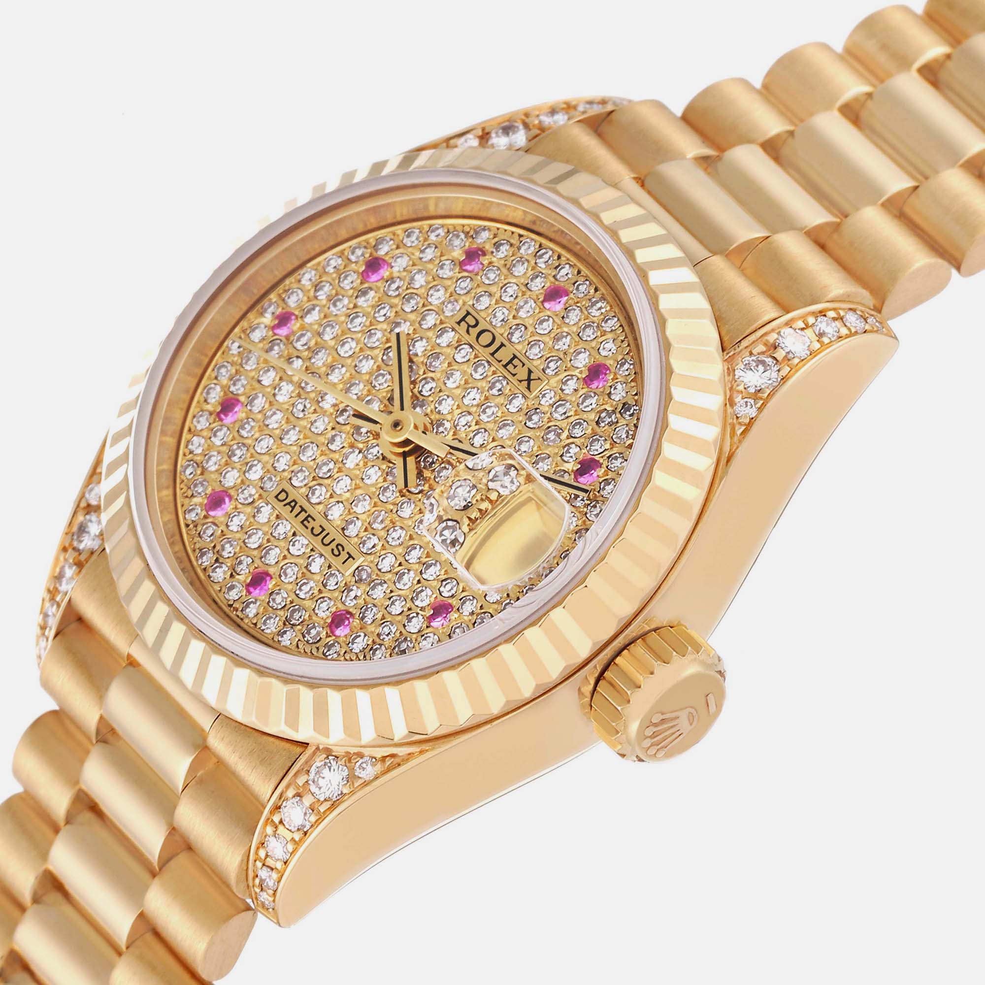 

Rolex President Datejust Yellow Gold Diamond Ruby Ladies Watch 69238 26 mm