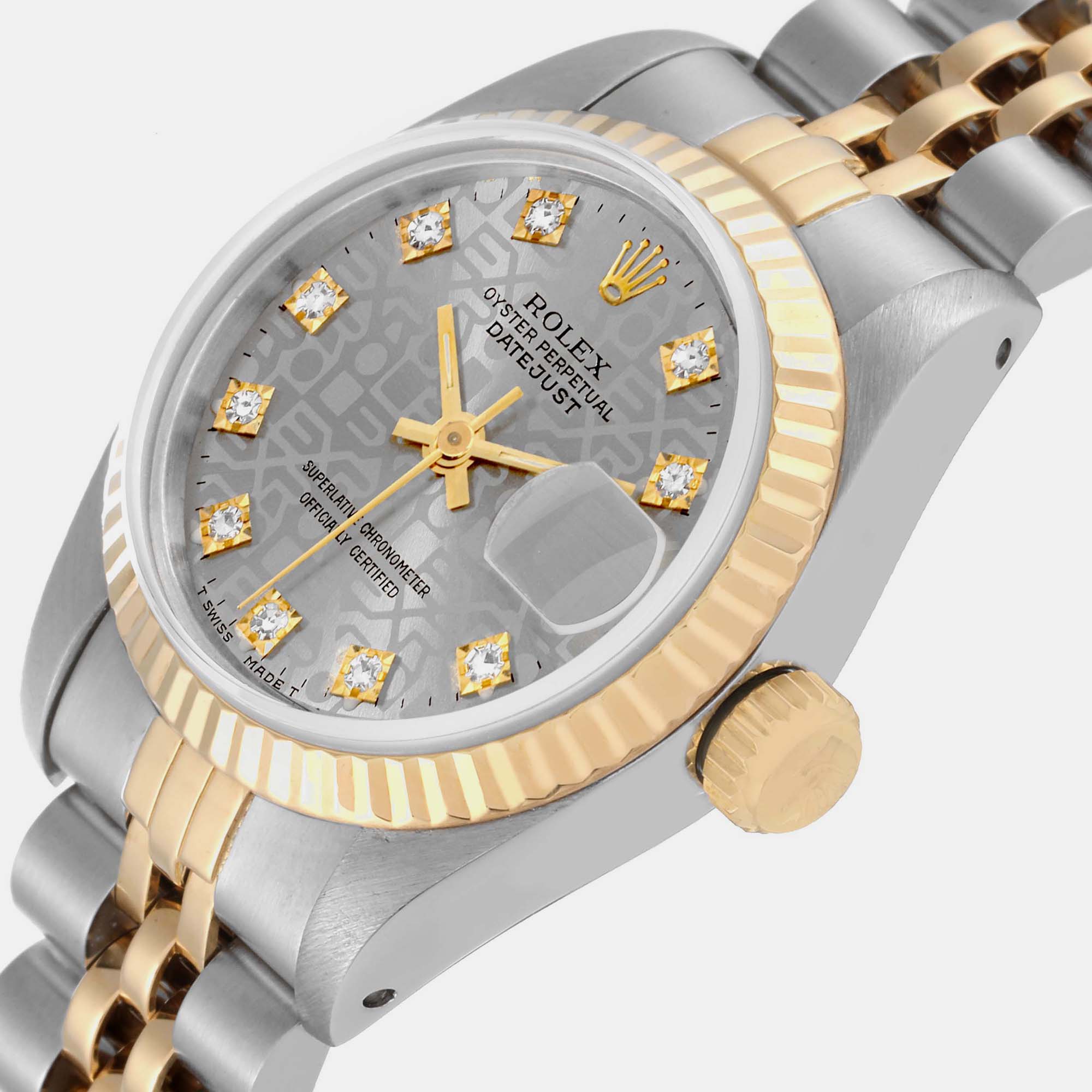 

Rolex Datejust Steel Yellow Gold Anniversary Diamond Dial Ladies Watch 69173 26 mm, Silver
