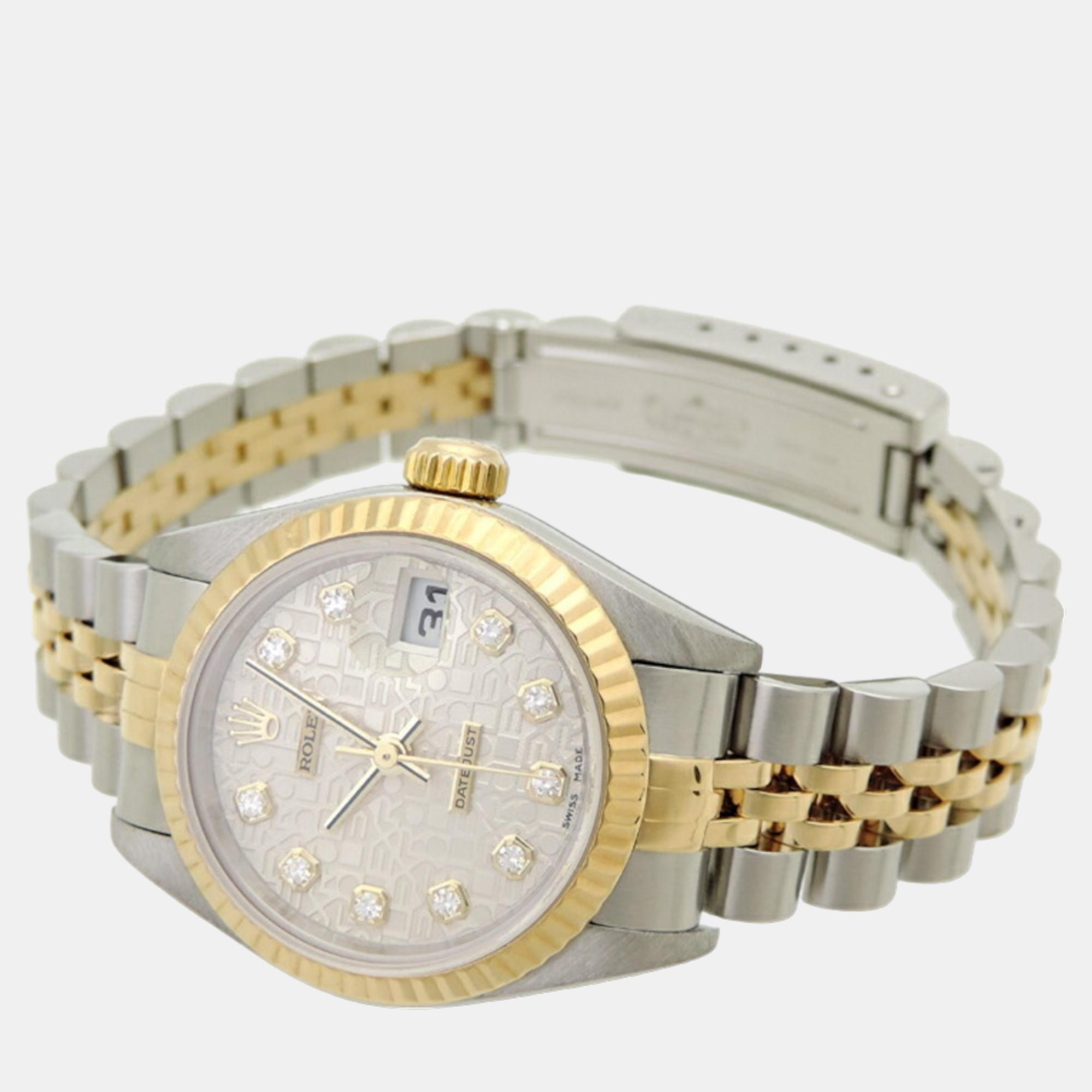 

Rolex Silver Diamond 18k Yellow Gold And Stainless Steel Datejust 69173 Automatic Women's Wristwatch 26 mm