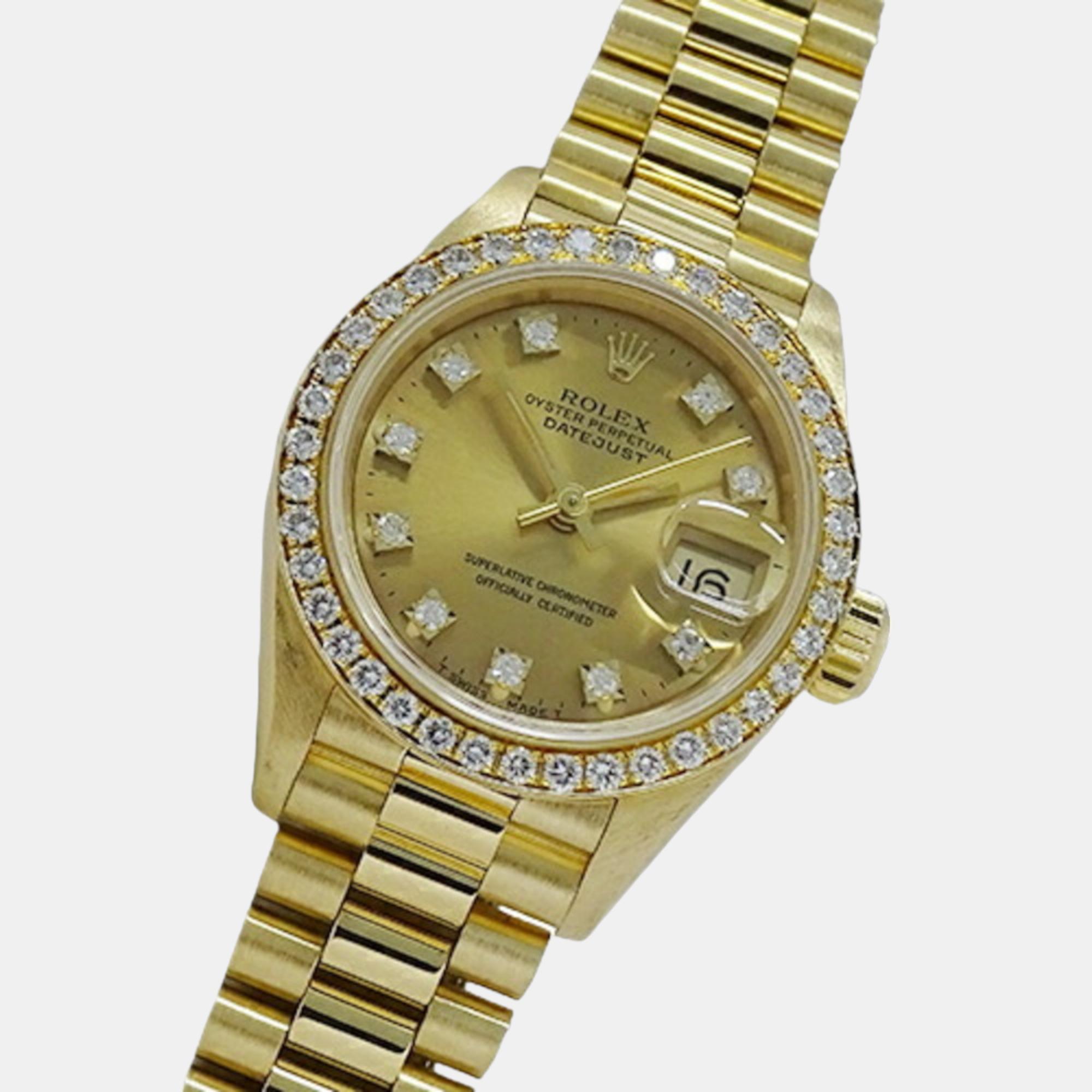 

Rolex Champagne Diamond 18k Yellow Gold Datejust 69138 Automatic Women's Wristwatch 26 mm