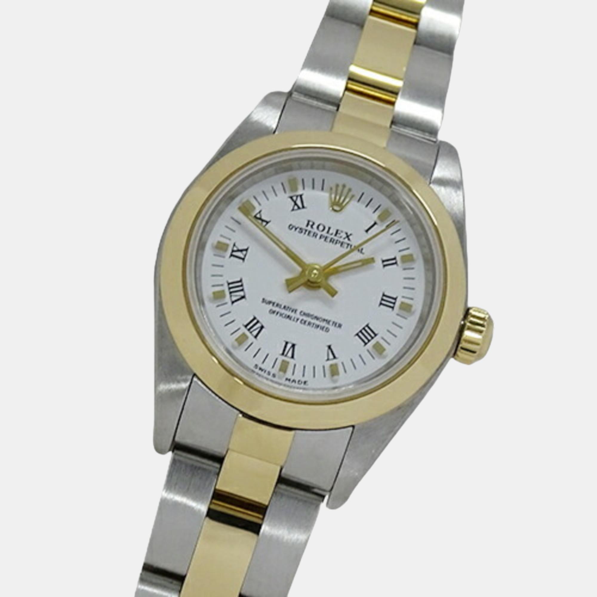 

Rolex White 18k Yellow Gold And Stainless Steel Oyster Perpetual 76183 Automatic Women's Wristwatch 25 mm