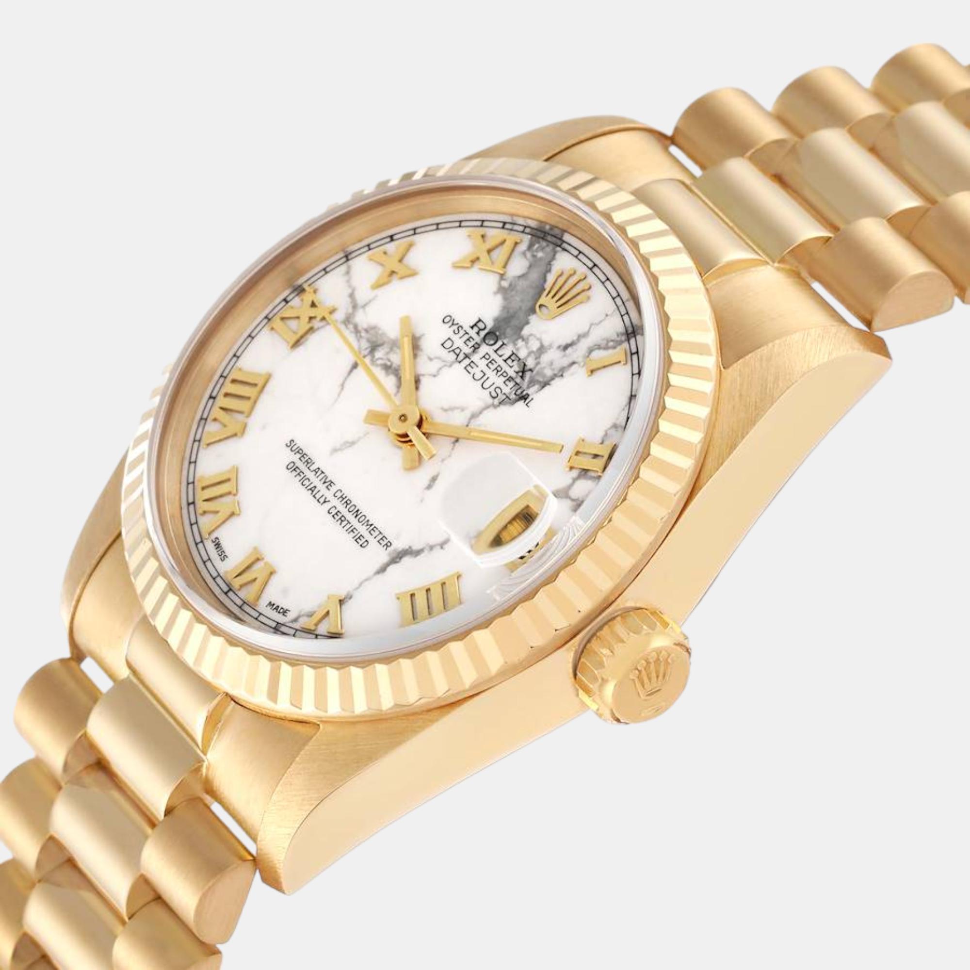 

Rolex President Midsize Marble Dial Yellow Gold Ladies Watch 68278, White