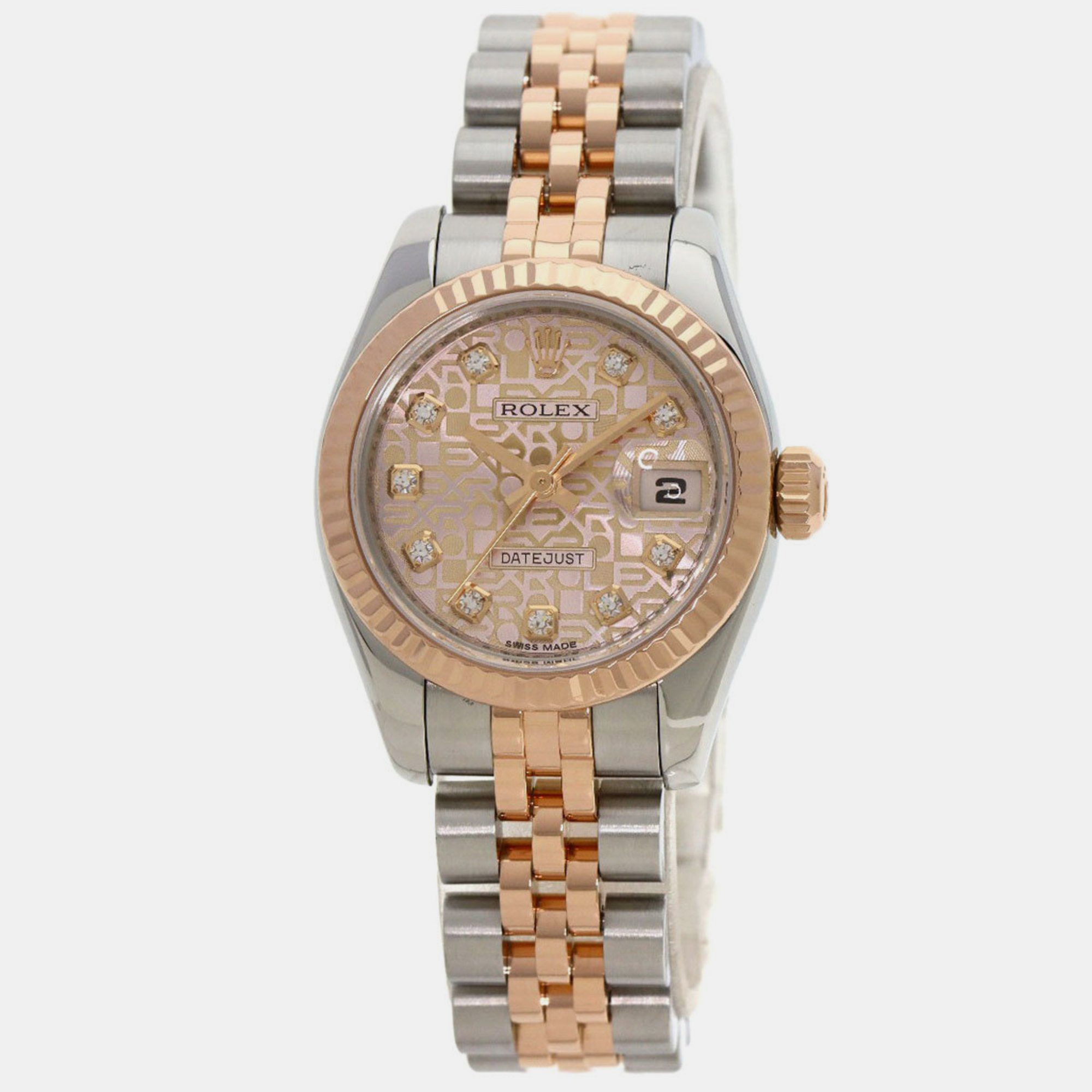 Pre-owned Rolex Pink Diamond 18k Rose Gold And Stainless Steel Datejust 179171 Automatic Women's Wristwatch 26 Mm