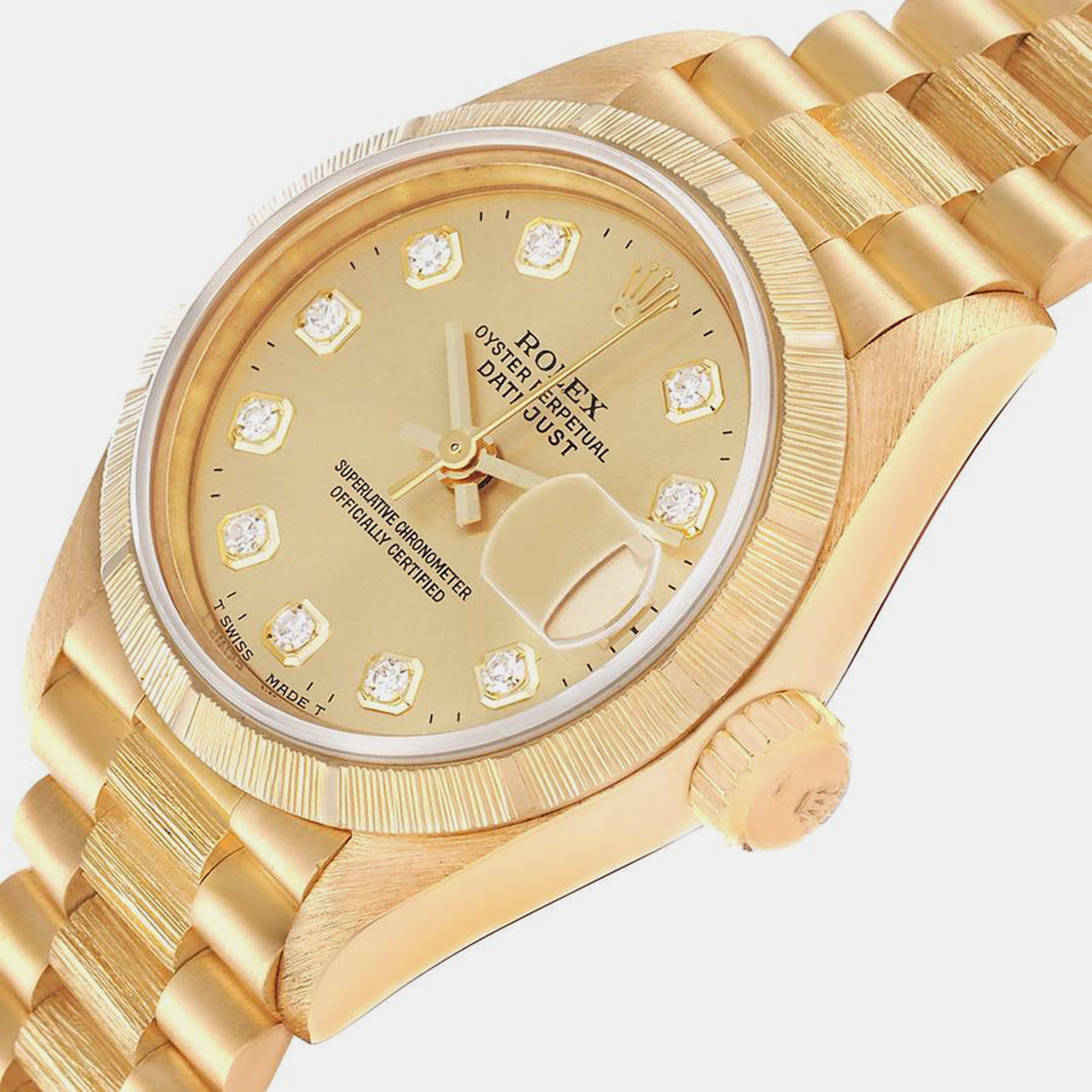 

Rolex Datejust President Diamond Dial Yellow Gold Bark Finish Ladies Watch 69278 26 mm