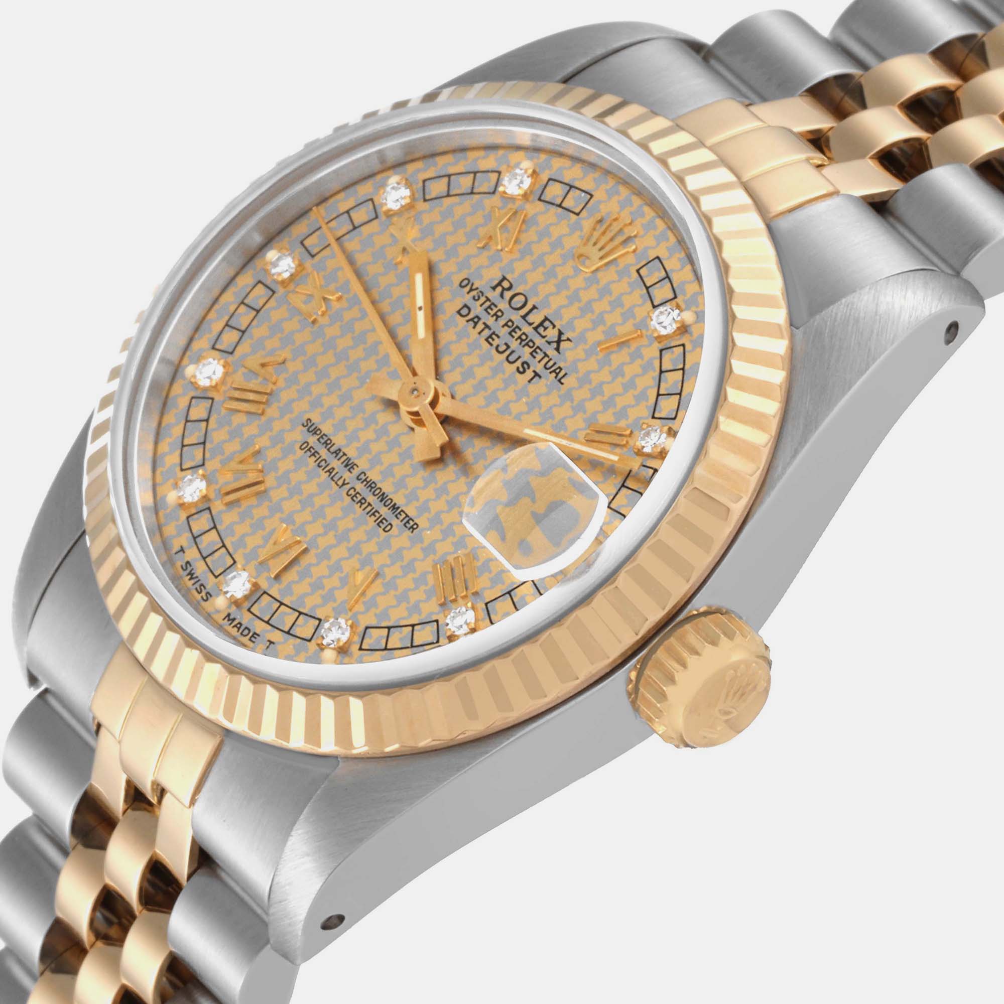 

Rolex Datejust Midsize Steel Yellow Gold Houndstooth Diamond Ladies Watch 68273